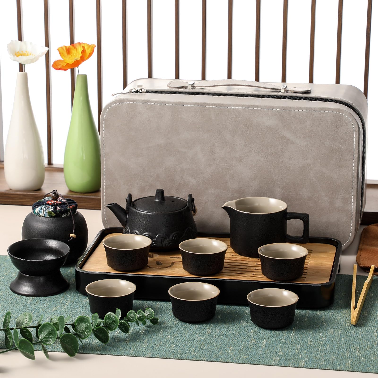 Yiyiring 13 Pcs Chinese Tea Set Gongfu Tea Set Portable Ceramic Asian Tea Set for Adults with Teapot Grey Leather Case Bag Travel Tea Set Gift for Home, Outdoor, Teacher Graduation Ceremony Gifts