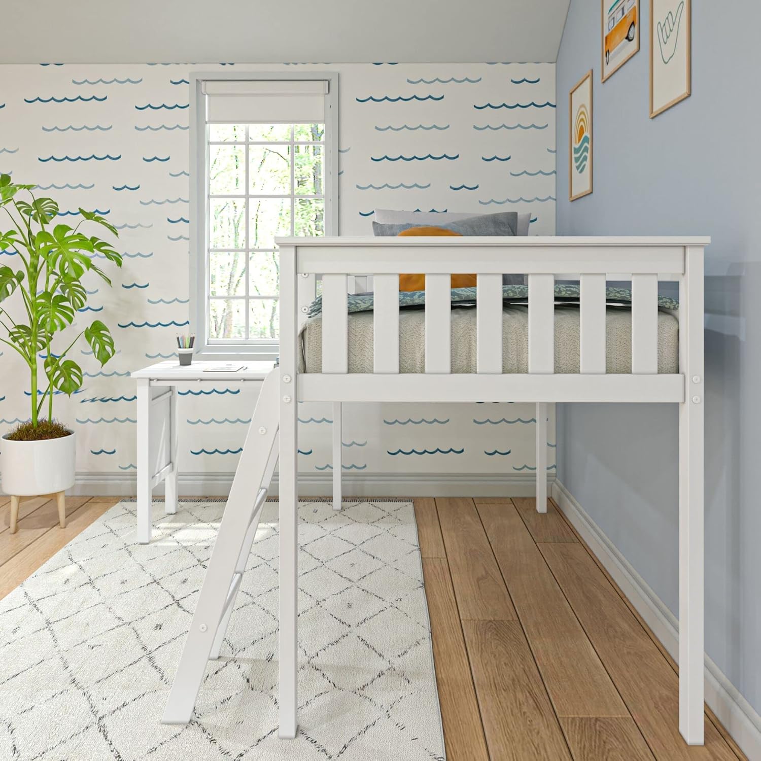 Max & Lily Low Loft Bed, Twin Bed Frame For Kids With Pull-Out Desk, White