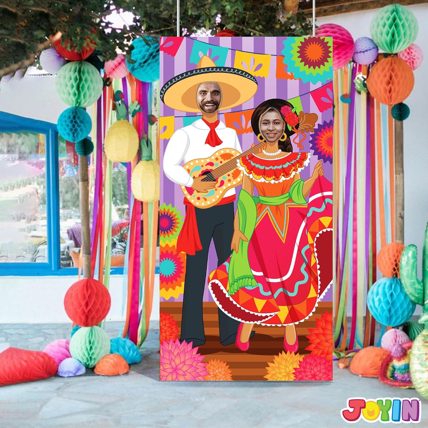 JOYIN 36x72ft Cinco de Mayo Couple Photo Door Banner, Fiesta Theme Photography Backdrop, Fiesta Photo Booth Background for Mexican Theme Birthday Party Supplies, Mexican Decoration, Taco Tuesday Event