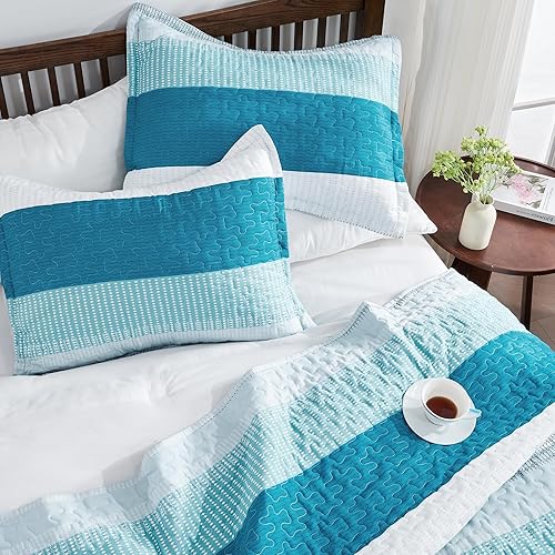 Miniatura 3 de Andency - Juego de edredón blanco y verde azulado tamaño individual (68 x 86 pulgadas), 2 piezas (1 edredón a rayas y 1 funda de almohada), juego de