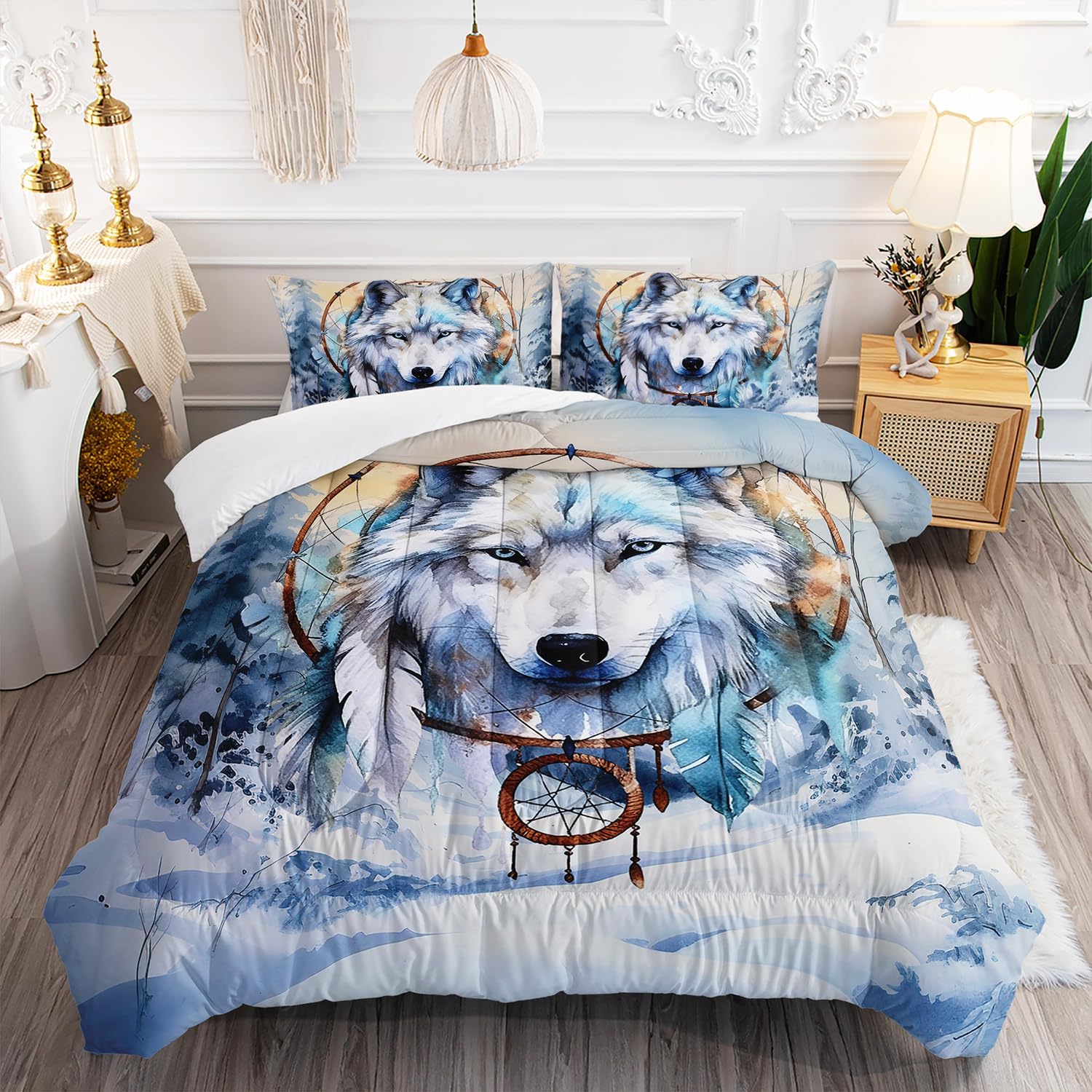 AILONEN Wolf Comforter Set Full Size, Snow Wolf Bedding Set