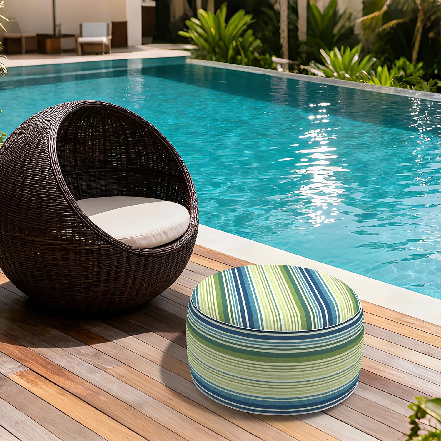 Outdoor Inflatable Stool Ottoman, All Weather Portable Footrest Stool, Furniture Stool Ottomans for Home Garden Beach, D31”xH14”, Stripe Blue Green