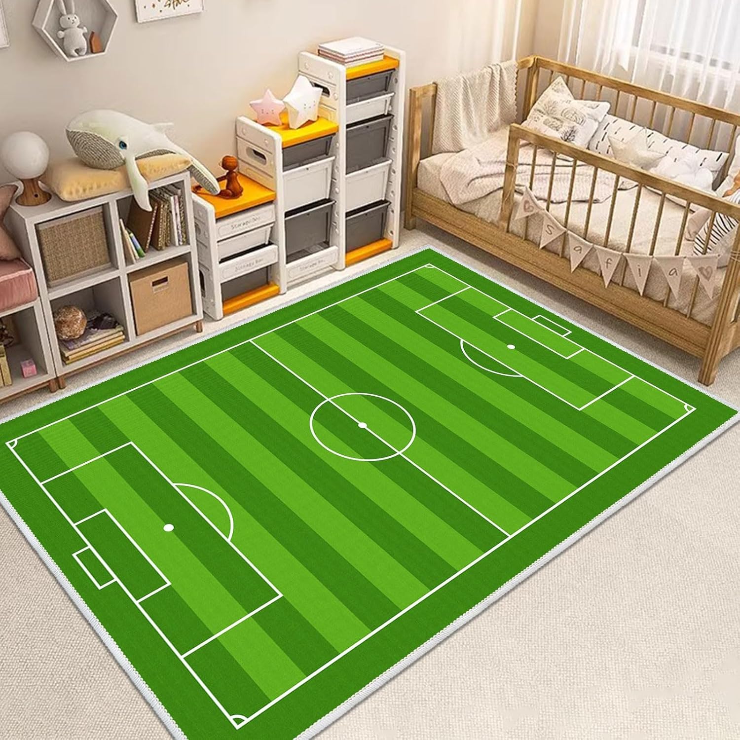 Kid Carpet Football Field Rug, Green Soccer Field Area Rug for Boys Room, Non-Slip Washable Sports Theme Play Mat for Living Room Bedroom Children's Room Playroom Decor(2.6×3.9ft/31×47in)
