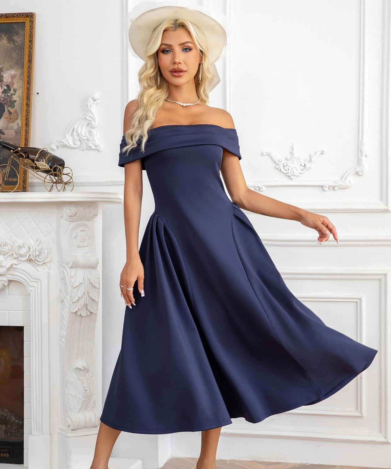 Wellwits Women's Off Shoulder Pleated Vintage Midi Cocktail Formal Dress - Image 3