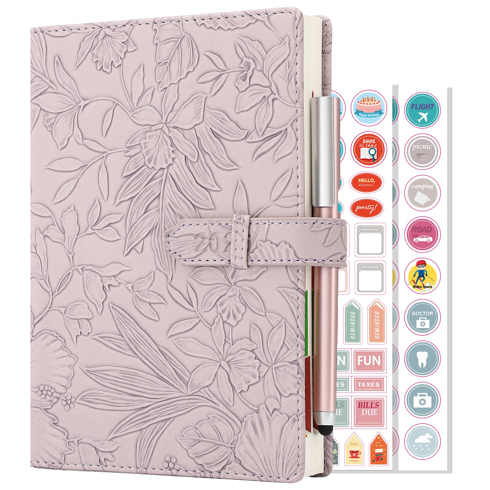 Akademischer Terminplaner 2026, A5, Seite pro Tag 2026, Tagesplaner Januar 2026 – Dezember 2026, Hardcover Tagesplaner mit Monatsansicht, Stift, bunte Reiter, Innentasche, Aufkleber (lila)