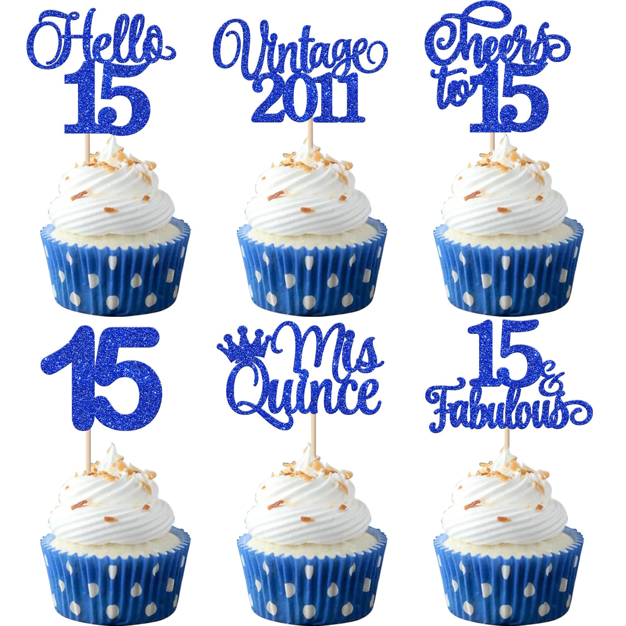 Xsstarmi 24 Pack Vintage 2011 Cupcake Toppers Glitter Blue Mis Qunice Fifteen Hello 15 Cupcake Picks Cheers to 15 Fabulous Cake Decorations for Happy 15th Birthday Anniversary Party Supplies