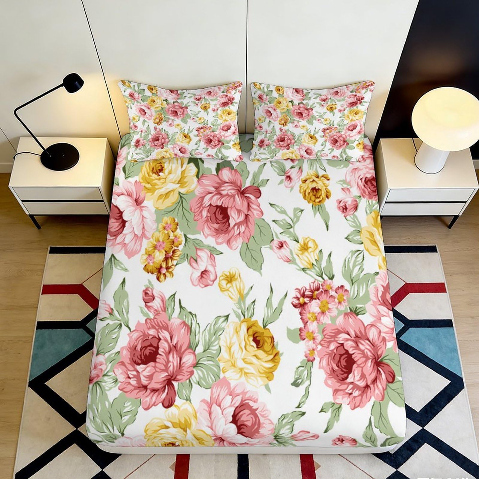 3D Printed Floral Peony Fitted Sheet Microfiber Non Slip Yellow Rose Mattress Cover Machine Washable Bedroom Decor 140x200x25cm