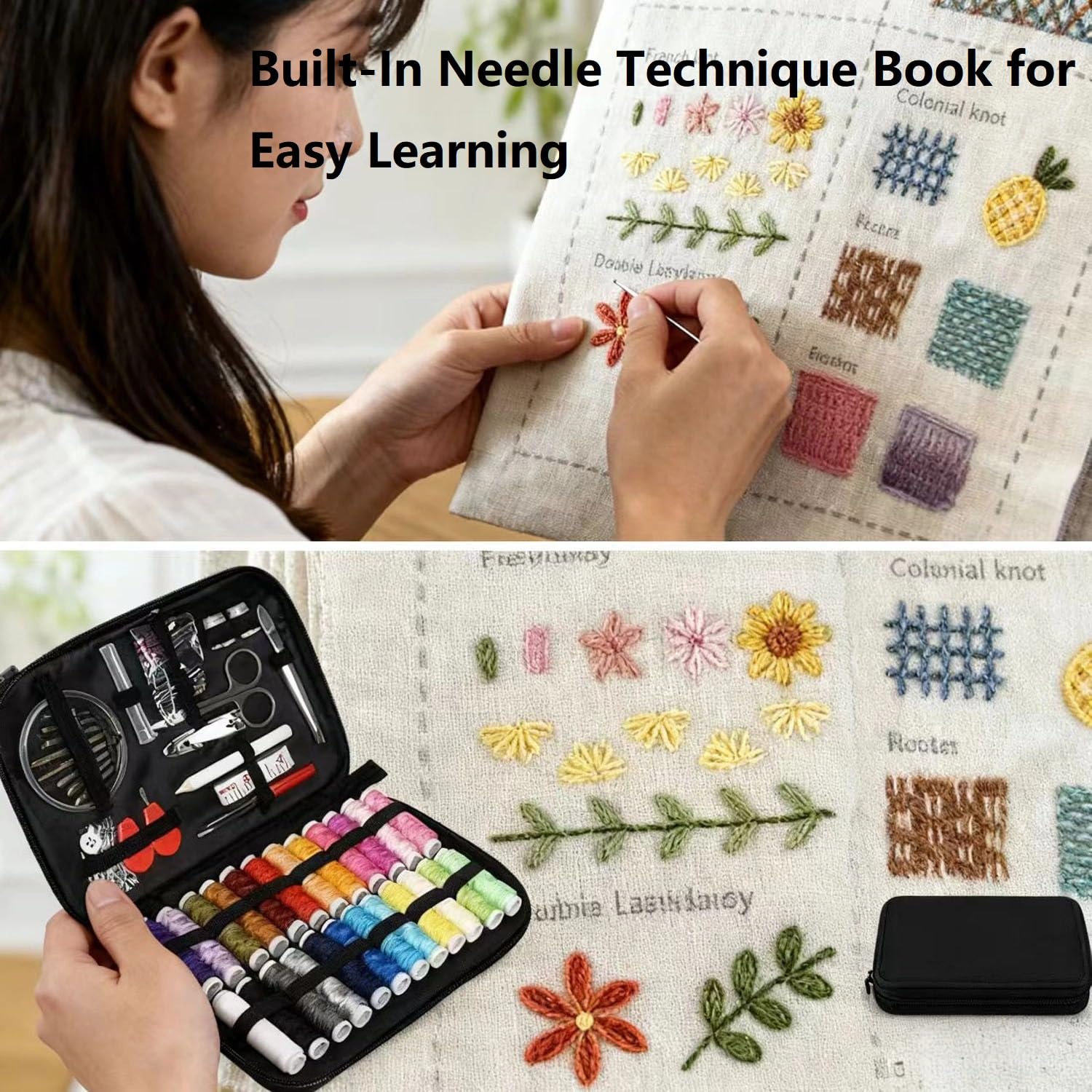 YongXinMY Kit de libro de punto de bordado – Libro de práctica de punto de bordado de lino, tutorial instructivo de 40 patrones y kit de herramientas de costura de 86 piezas para principiantes, hogar
