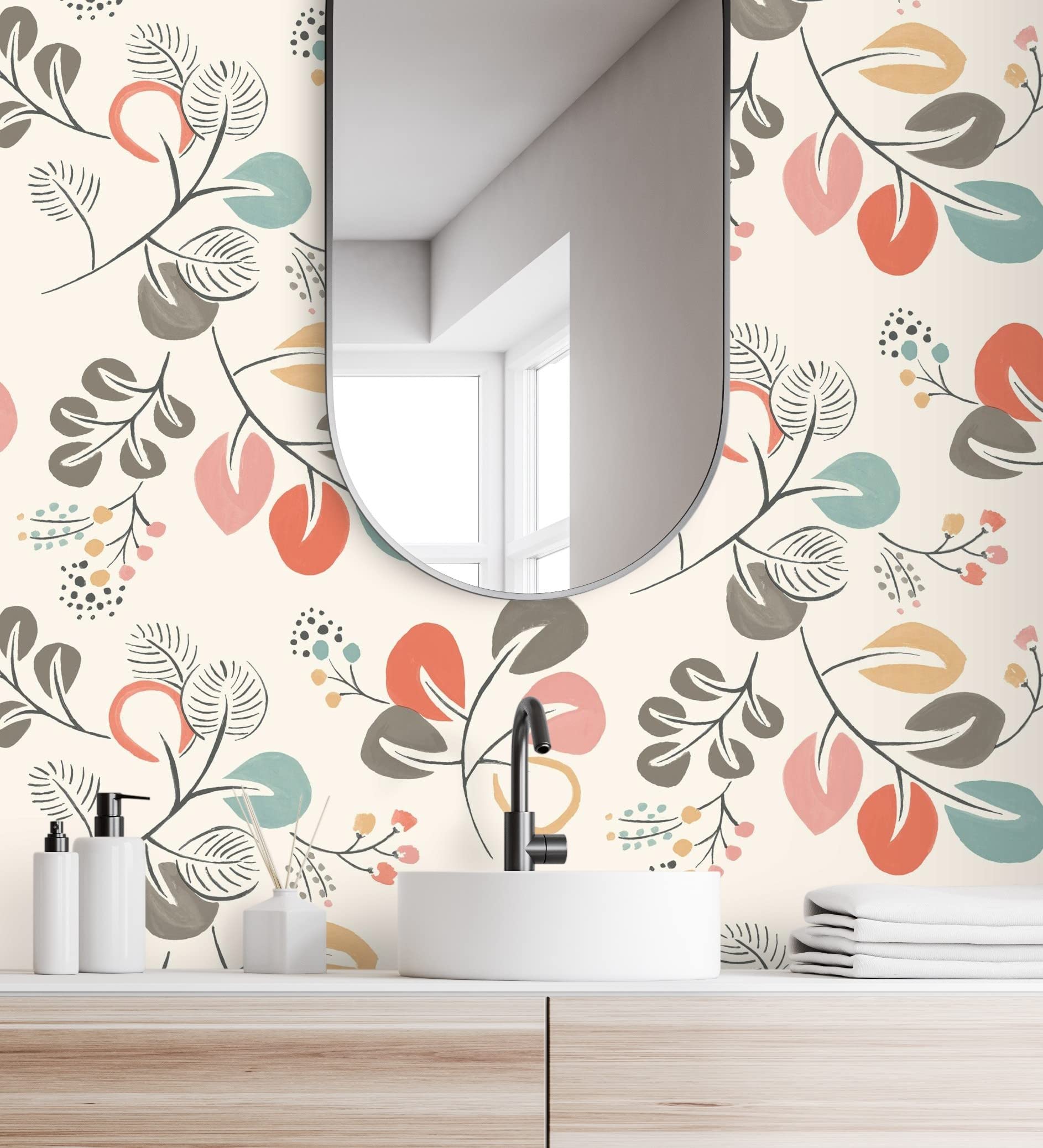 GAULAN 679414 - Papel pintado vinílico ecológico de hojas de estilo nórdico tonos coral para pared salón cocina baño dormitorio mueble - Rollo de 10 m x 0,53 m