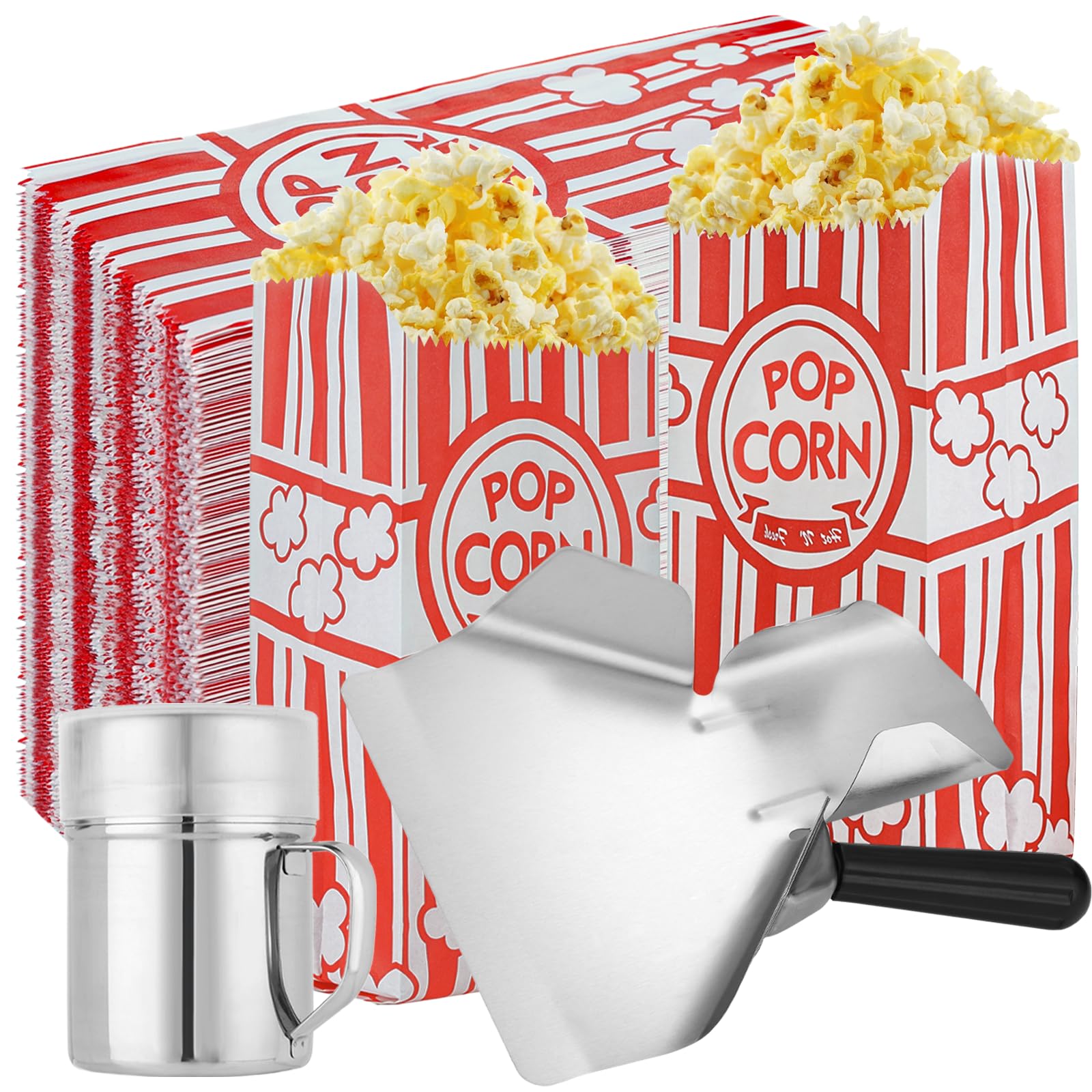 202 PCS Popcorn Machine Supplies Set - Aluminum Popcorn Scoop and Salt Shaker with Handle - 1 Oz Popcorn Bags Bulk (200 Count) for Theater Tools Supplies-image-2