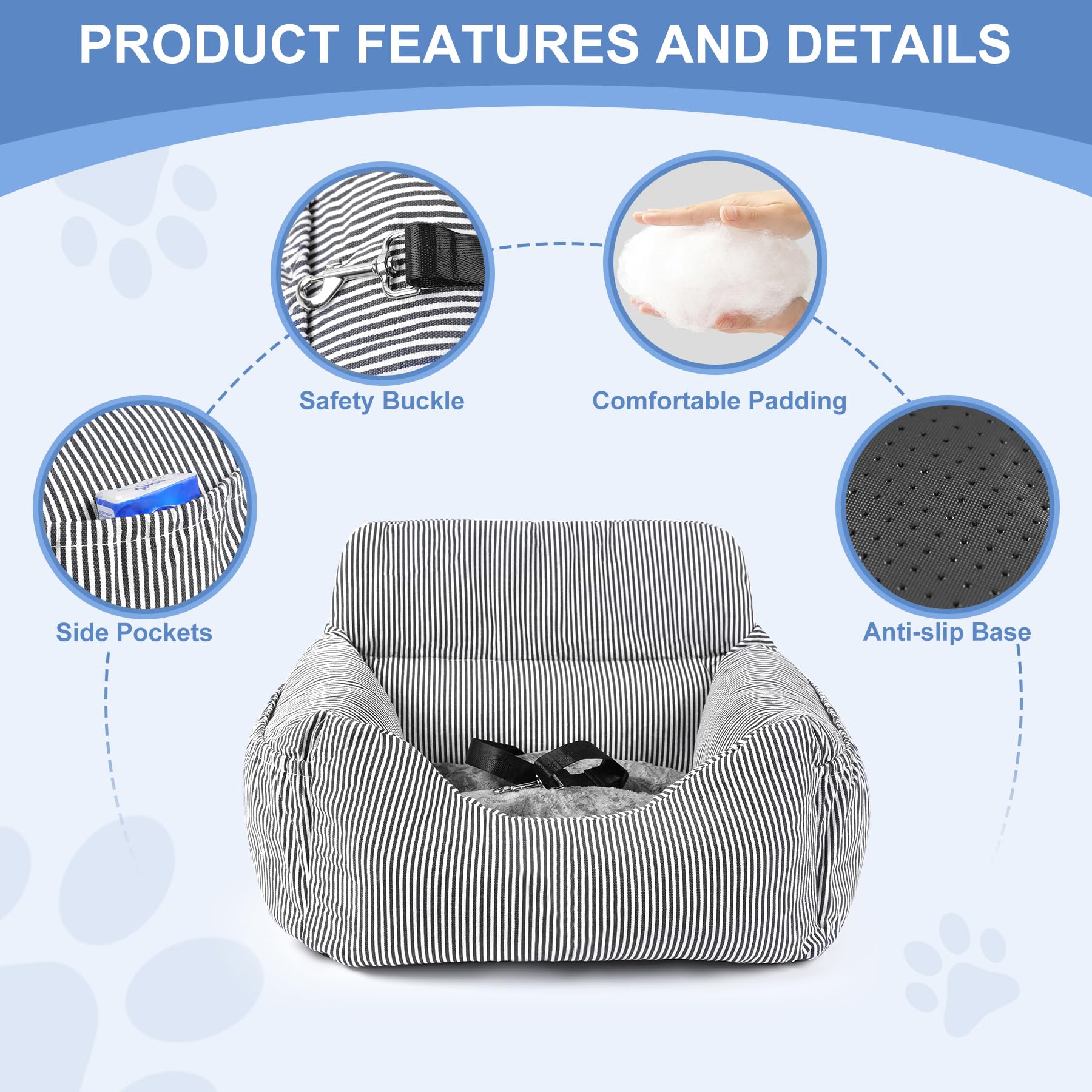 Dog Car Seat for Small Dogs, Pet Booster Seat with Clip-On Safety Leash and Storage Pockets, Washable Travel Dog Car Bed for Puppy （Black） - image 4