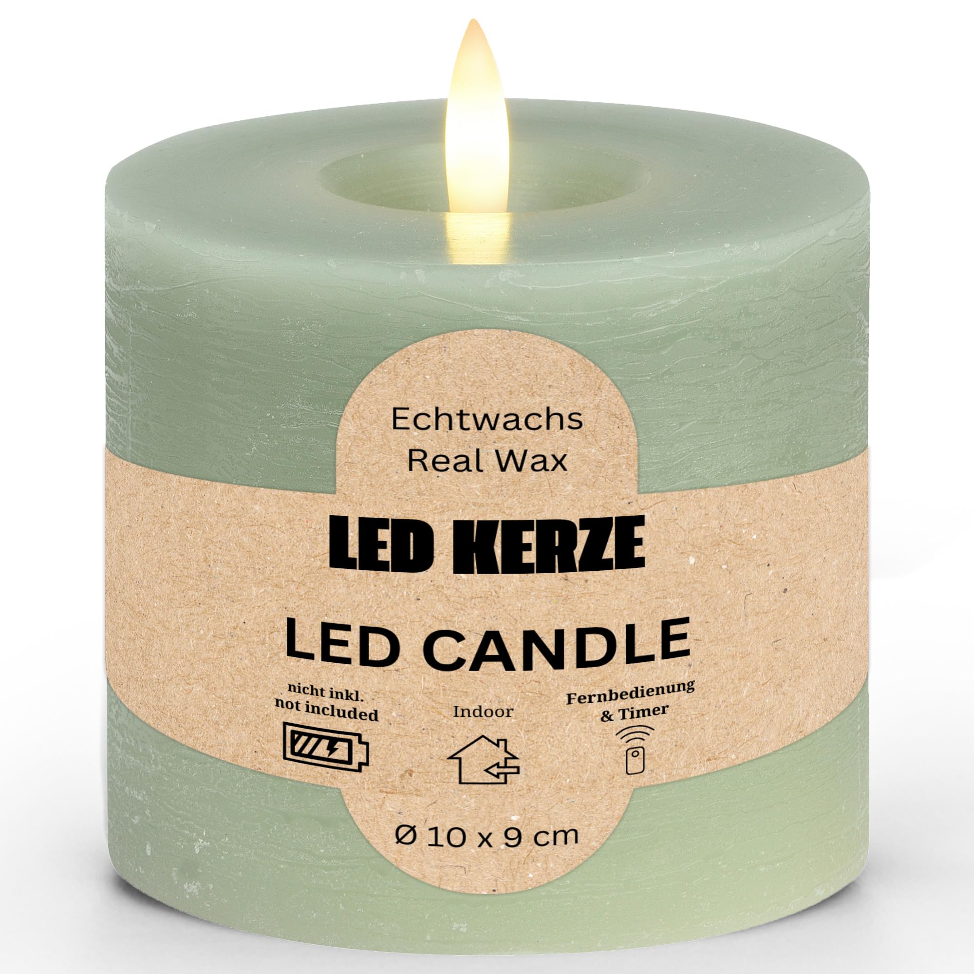 LED Pillar Candle Made of Real Wax with Timer Function and Remote Control - Realistic Flickering Flame Warm White Diameter 10 x 9 cm - Electric Wax Candle Sage Green as a Cosy Table Decoration