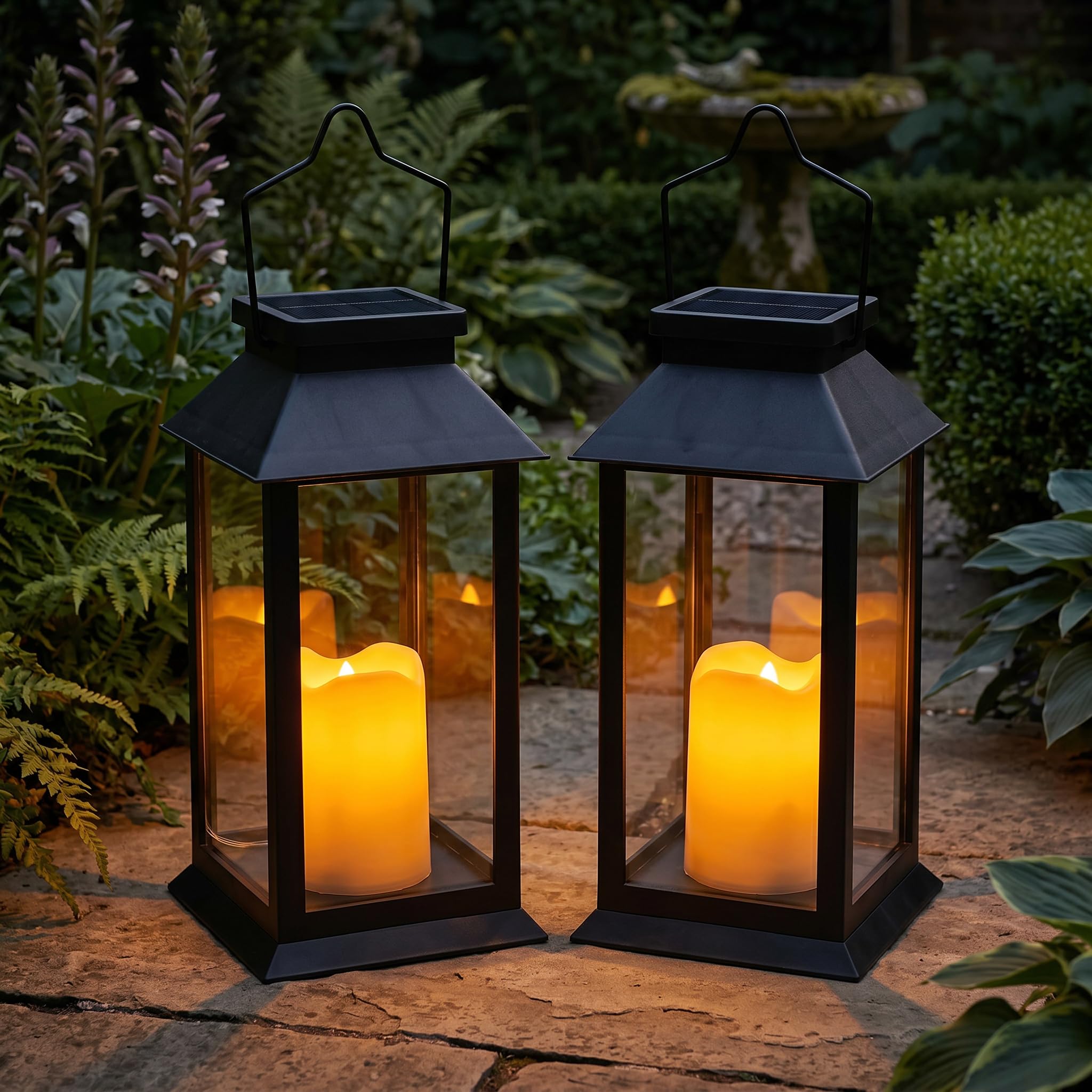 Tomshine 2 Stück Solar-Flammenlaternen für den Außenbereich, wetterfest, hängend, schwarz, rostfrei, Solarlaterne mit gehärtetem Glasschirm, flackernde flammenlose Kerzen für Terrasse, Garten, Dekor