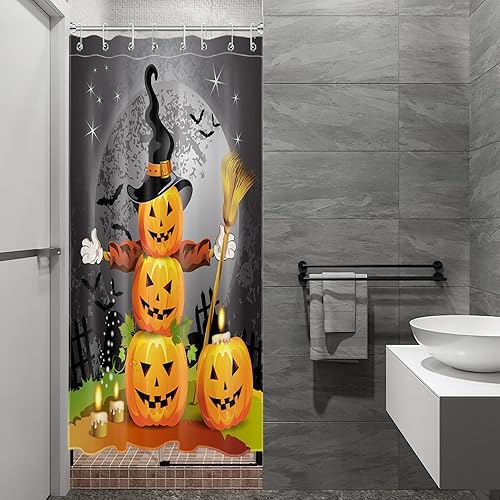 Miniatura 5 de LB Juego de cortina de ducha de calabazas de Halloween, sombrero mágico, escoba fantasma, cortina de baño, decoración de fiesta, ganchos