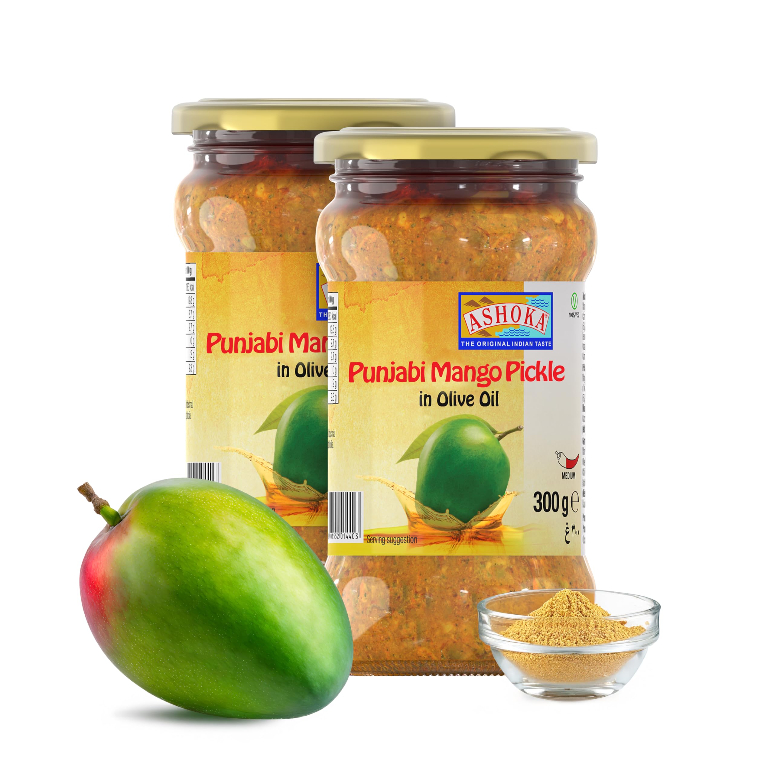 Ashoka 1932 | Indian Pickled Mango | Premium Olive Oil | All Natural | Punjabi Pachranga Achar | Indian Pickle | Pickled Pantry | Great for Cooking | Pickled Snack | Achar Jar | 300 Grams (Pack of 2)