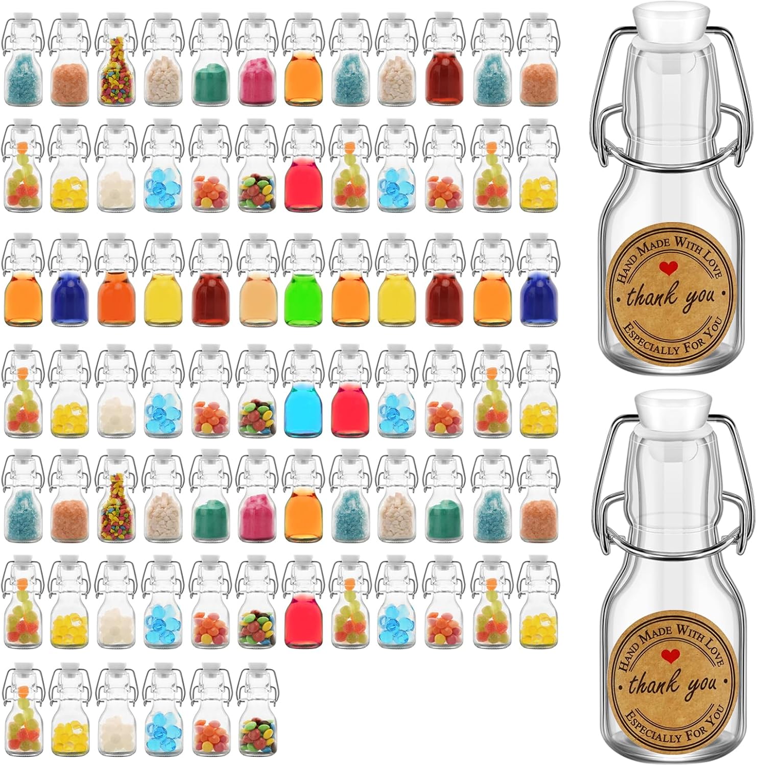 80Pcs White 2 oz Mini Swing Top Glass Bottles, 60ML Mini Storage Bottles, with Lids Kraft Decoration,Small Glass Bottles,for Wedding Themed Party Favors (80)