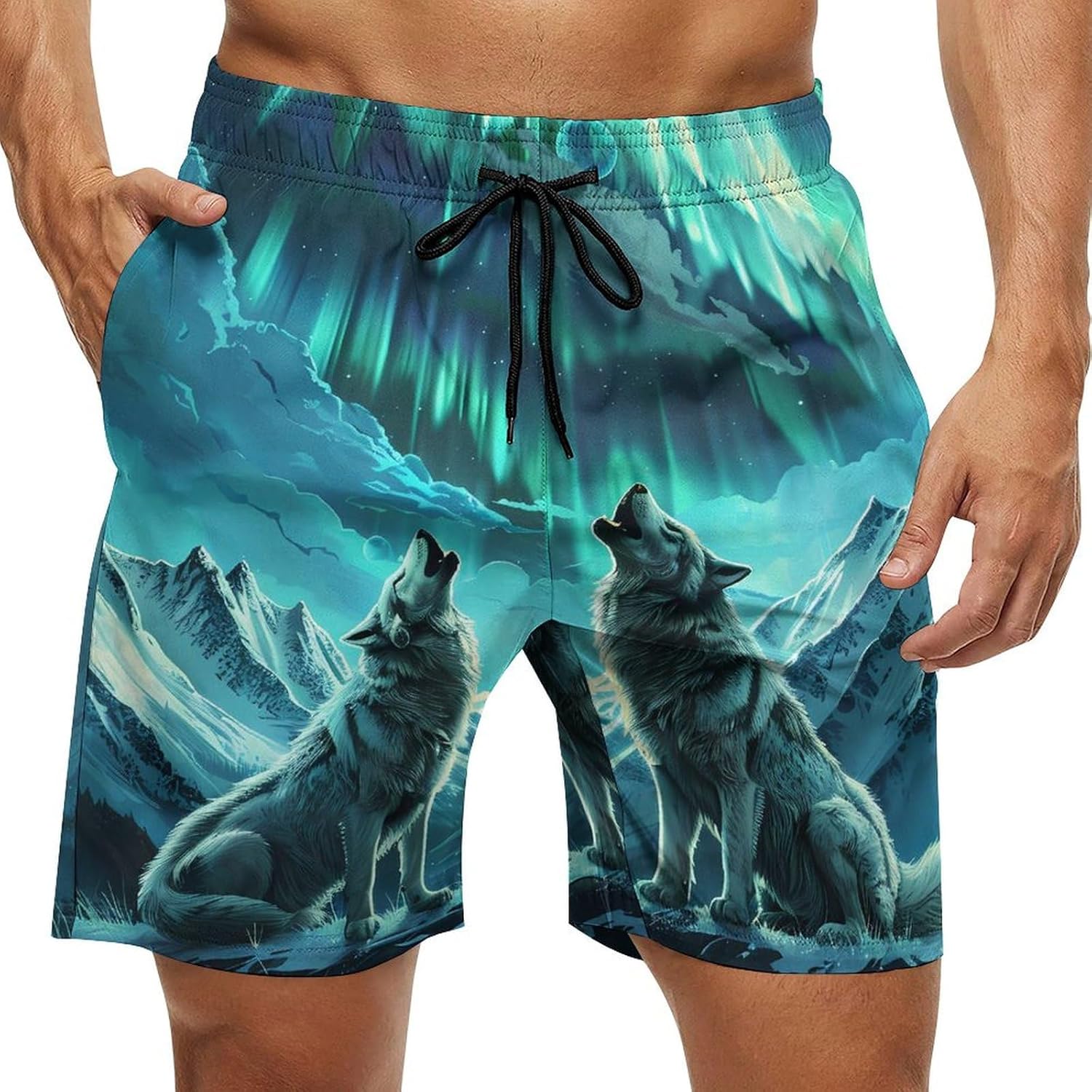 Wolves Howling Northern Lights Casual Men's Swim Trunks Novelty Summer Beach Shorts Swimwear with Pocket