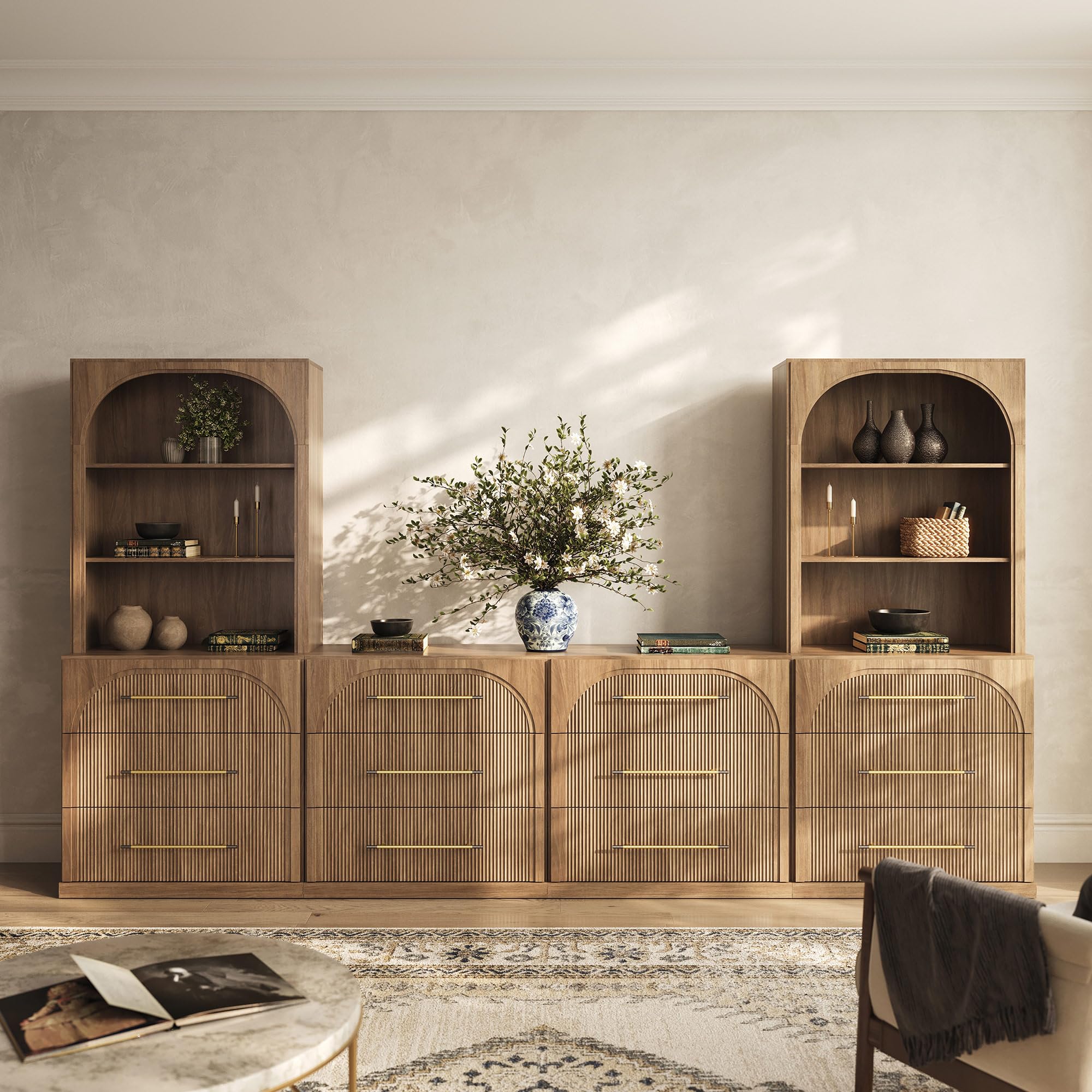 BELLEZE 6-Piece Modular TV Stand Set - 4 Sideboards with Drawers and 2 Storage Hutch, Classic Modern Media Console Table Cabinet with Adjustable Shelves for Living Room (Camel) Jagger Camel 1c2h