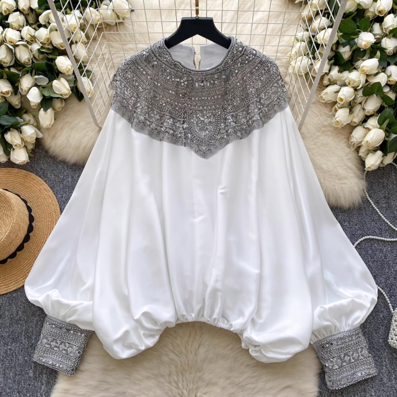 Chemises à manches longues pour femmes, blouse lantern à manches longues avec perles, style bohème, blouse de travail, t-shirts habillés