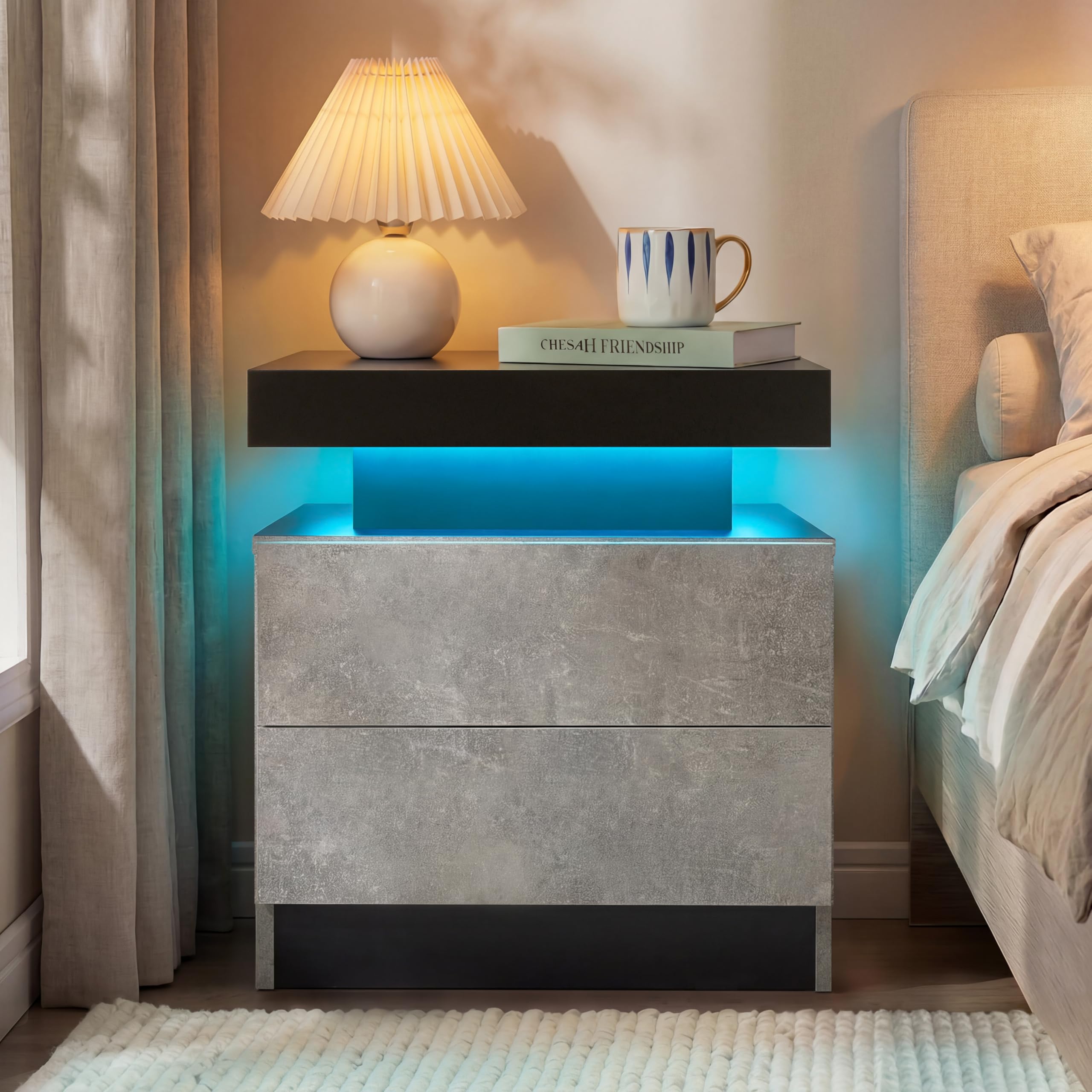 Cubehom Nachttisch mit LED Beleuchtung und 2 Schubladen – Moderner Nachtschrank/Beistelltisch für Schlafzimmer & Wohnzimmer, Hochglanz, 49×35×52 cm