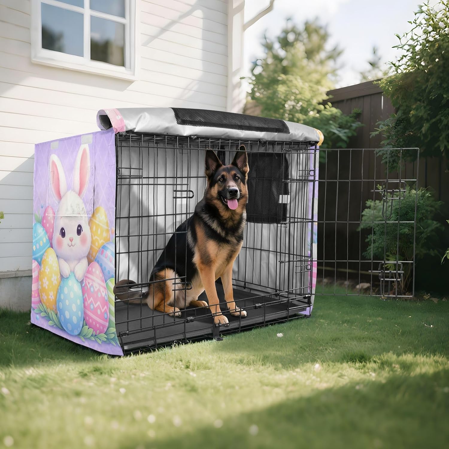 Cute Easter Bunny Purple Pet Crate Cover with Roll-up Sides, Washable Cover for Dog Crate, X-Large
