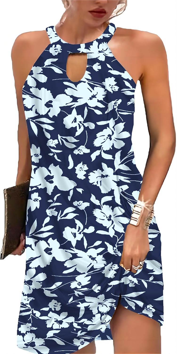 Halter Dresses for Women 2025 Casual Floral Print Summer Dresses Hollow Out A-line Sundresses for Beach Vacation