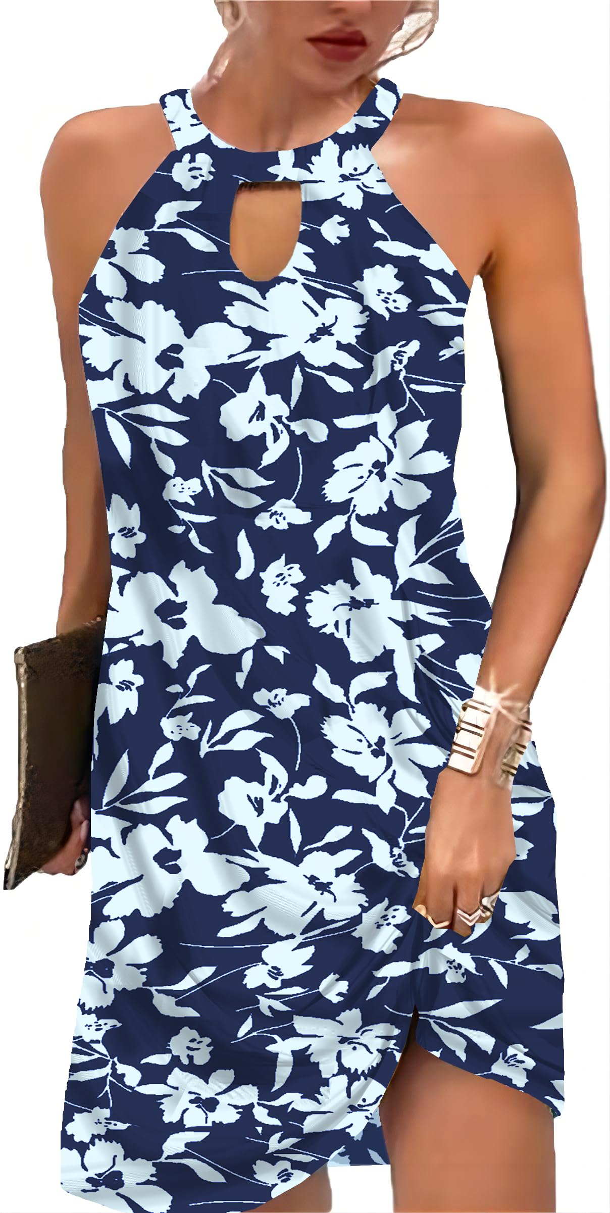 Kubsid Halter Dresses for Women 2026 Casual Floral Print Summer Dresses Hollow Out A-line Sundresses for Beach Vacation