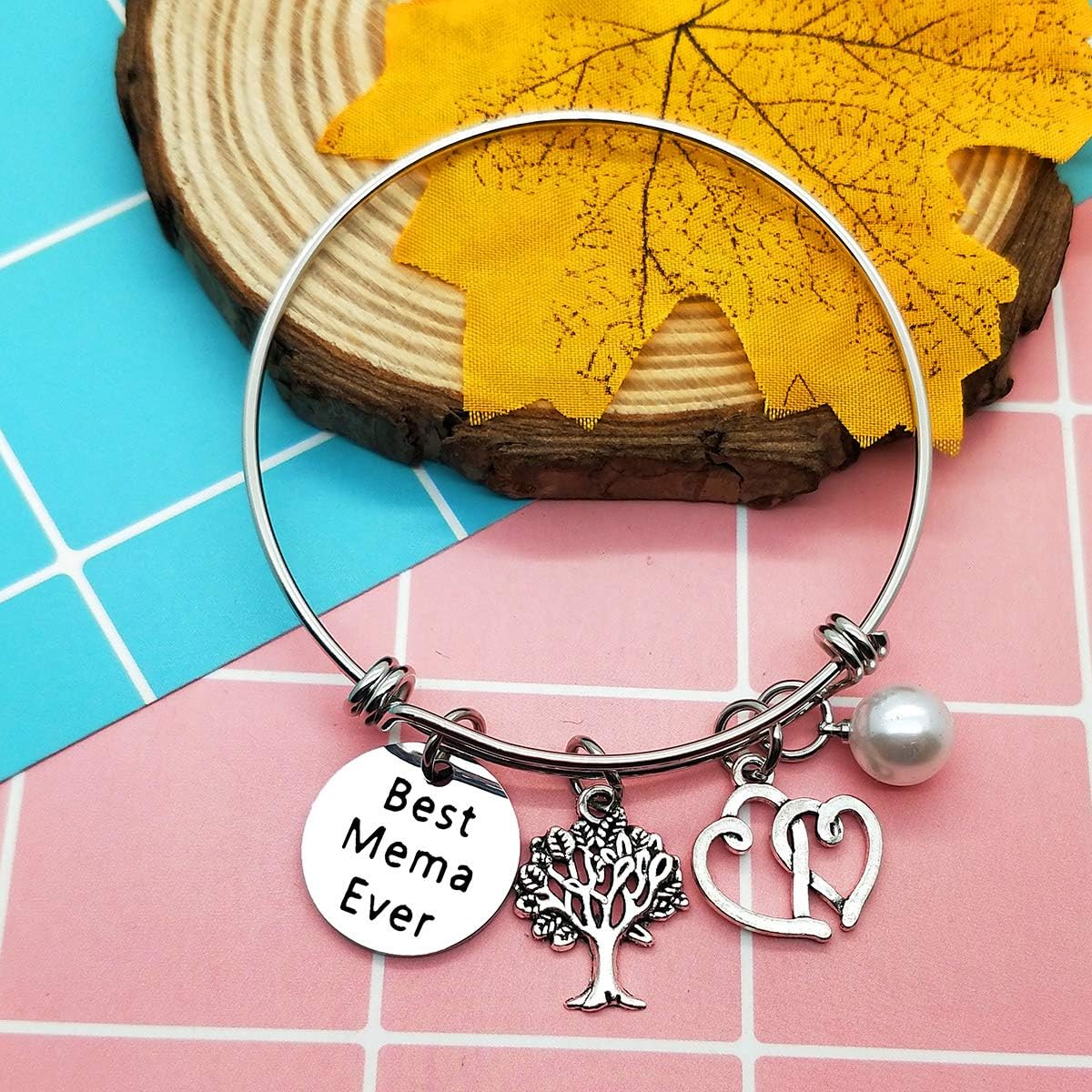 Mother's Day Gift for Mema Grandma Bracelet from Granddaughter Grandson Christmas Thanksgiving Valentine Day Birthday Gifts for Grandmother Grandma from Grandchildren Expandable Wire Bangle Bracelet - Image 3