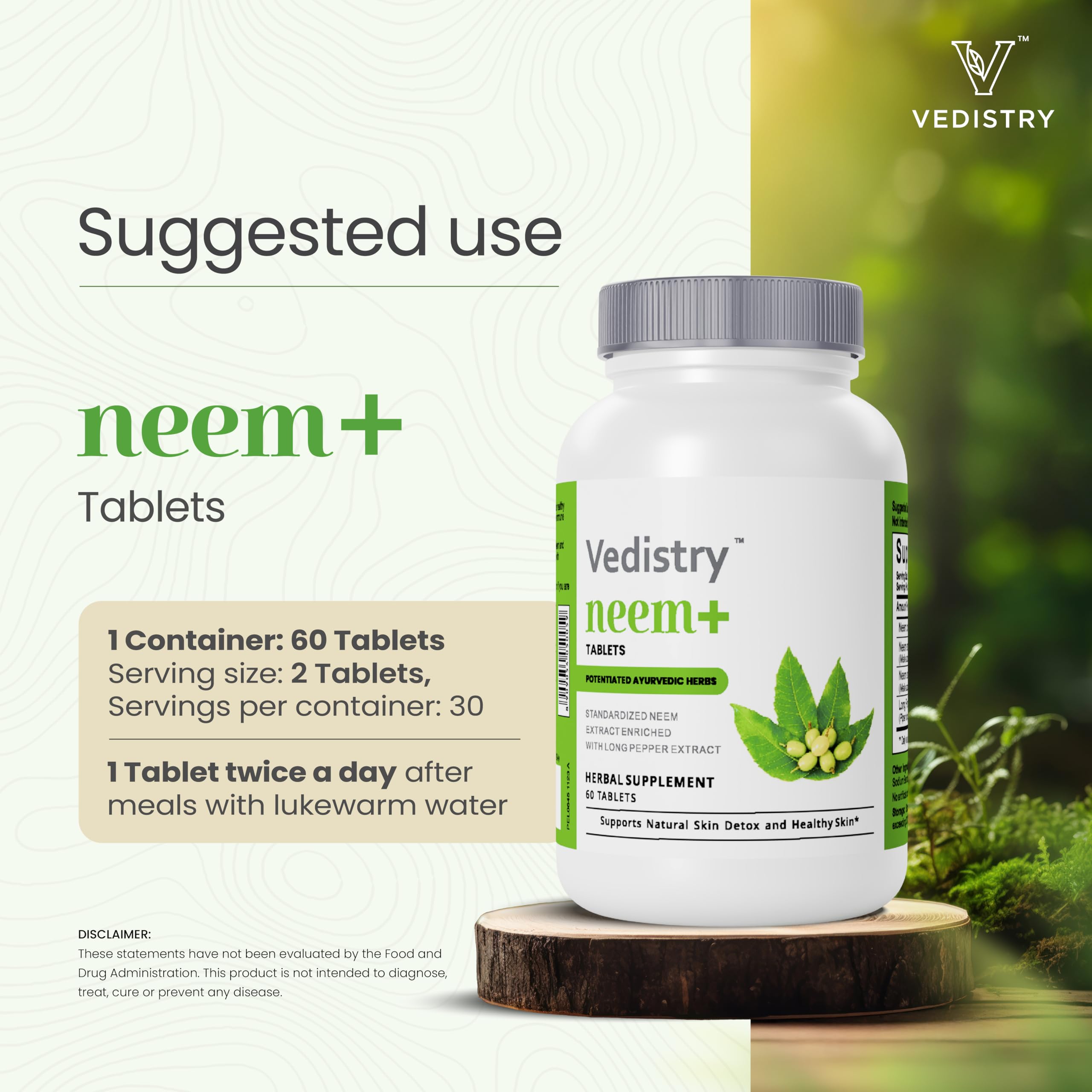 Vedistry Neem Supplements 1100mg Neem Tablets Supports Clear Skin, Detoxification & Immune Health, Neem Herbal Supplement for Acne & Promotes Healthy Skin with Long Pepper, 60 Vegan Tablets — Amazon image 5