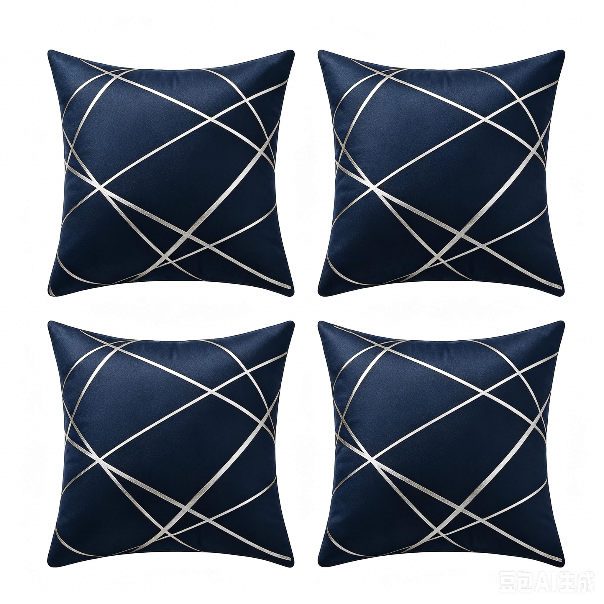 TAOSON Set of 4 Velvet Throw Pillow Covers 18x18 Inch, Navy Blue Decorative Cushion Cases with Silver Foil Geometric Line Pattern for Modern Sofa Couch Bedroom Living Room Home Decor