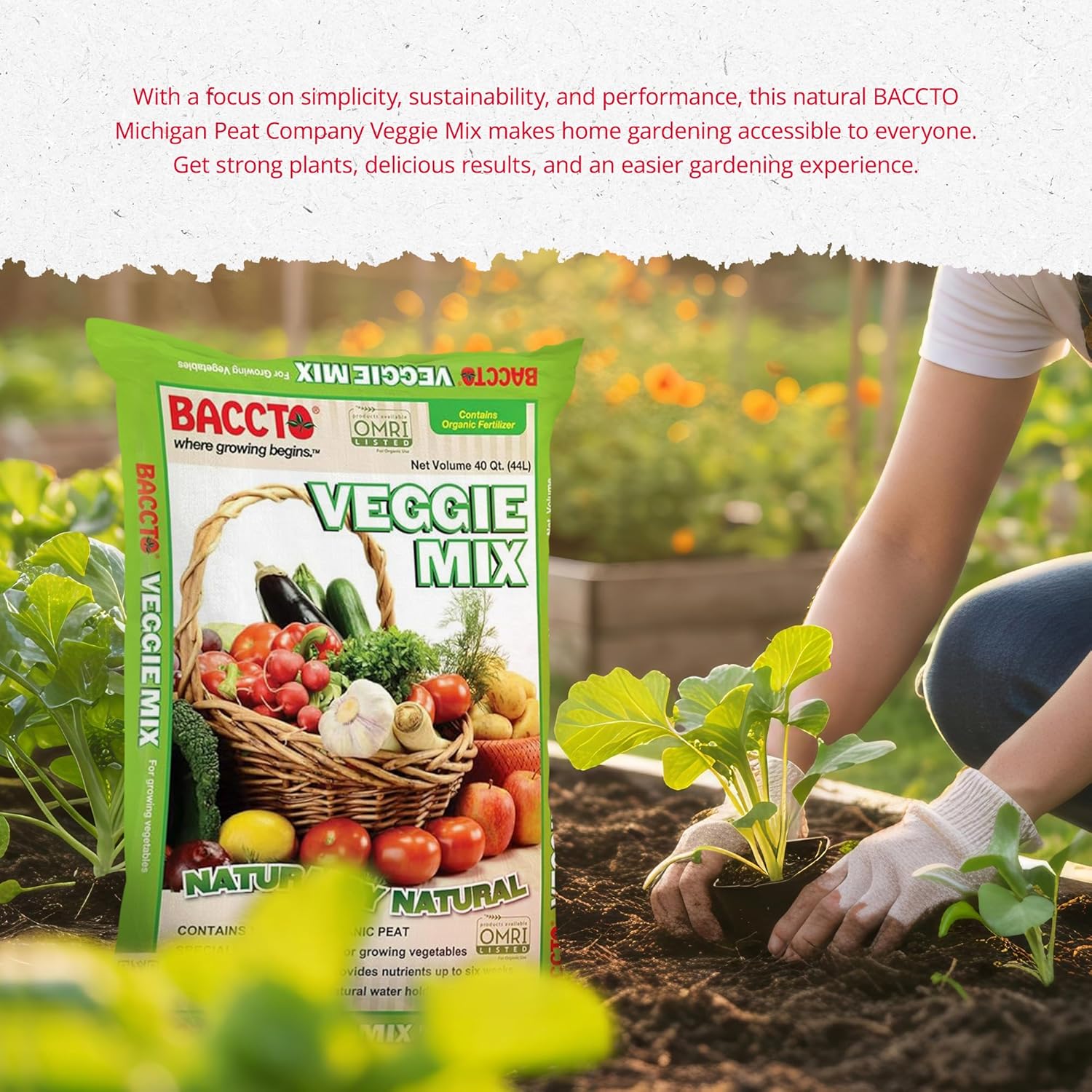Michigan Peat Company BACCTO Veggie Mix with Peat Moss, Indoor Outdoor Organic Nutrients for Planting & Growing Vegetables, 40 Quart Bag