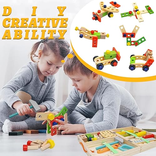 Miniatura 7 de Juego de herramientas de madera, juego de herramientas para niños, 34 piezas, juguetes educativos de construcción STEM para niños y niñas de 3, 4,