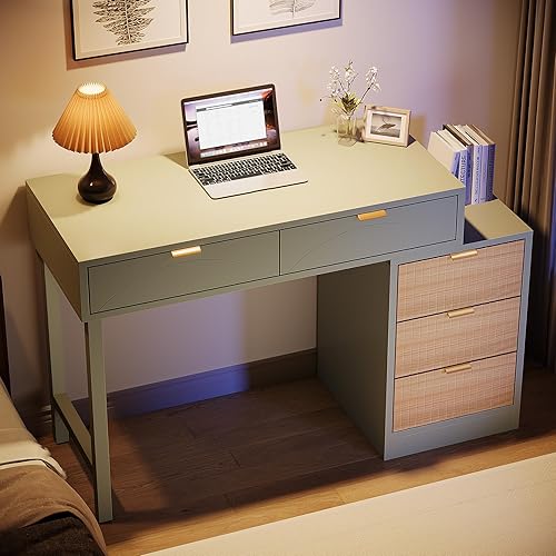 Miniatura 5 de Tribesigns Escritorio para computadora con 5 cajones, escritorio pequeño reversible con almacenamiento, mesa de estudio de madera moderna, estación