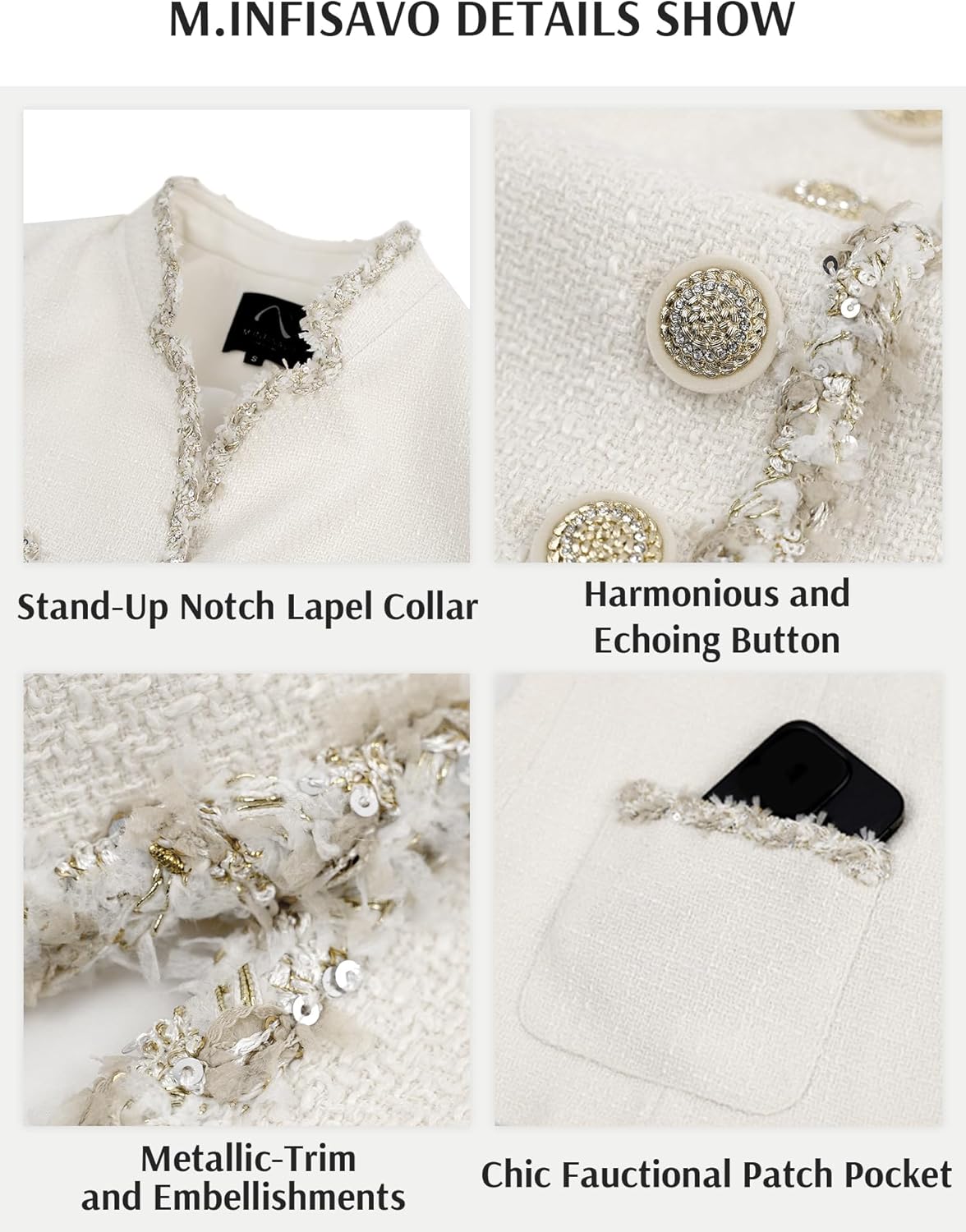 M.Infisavo Womens Stand Notch Lapel Suit Jacket Long Sleeve Fully Lined Open Front Dressy Tweed Blazer Outfits - Image 4