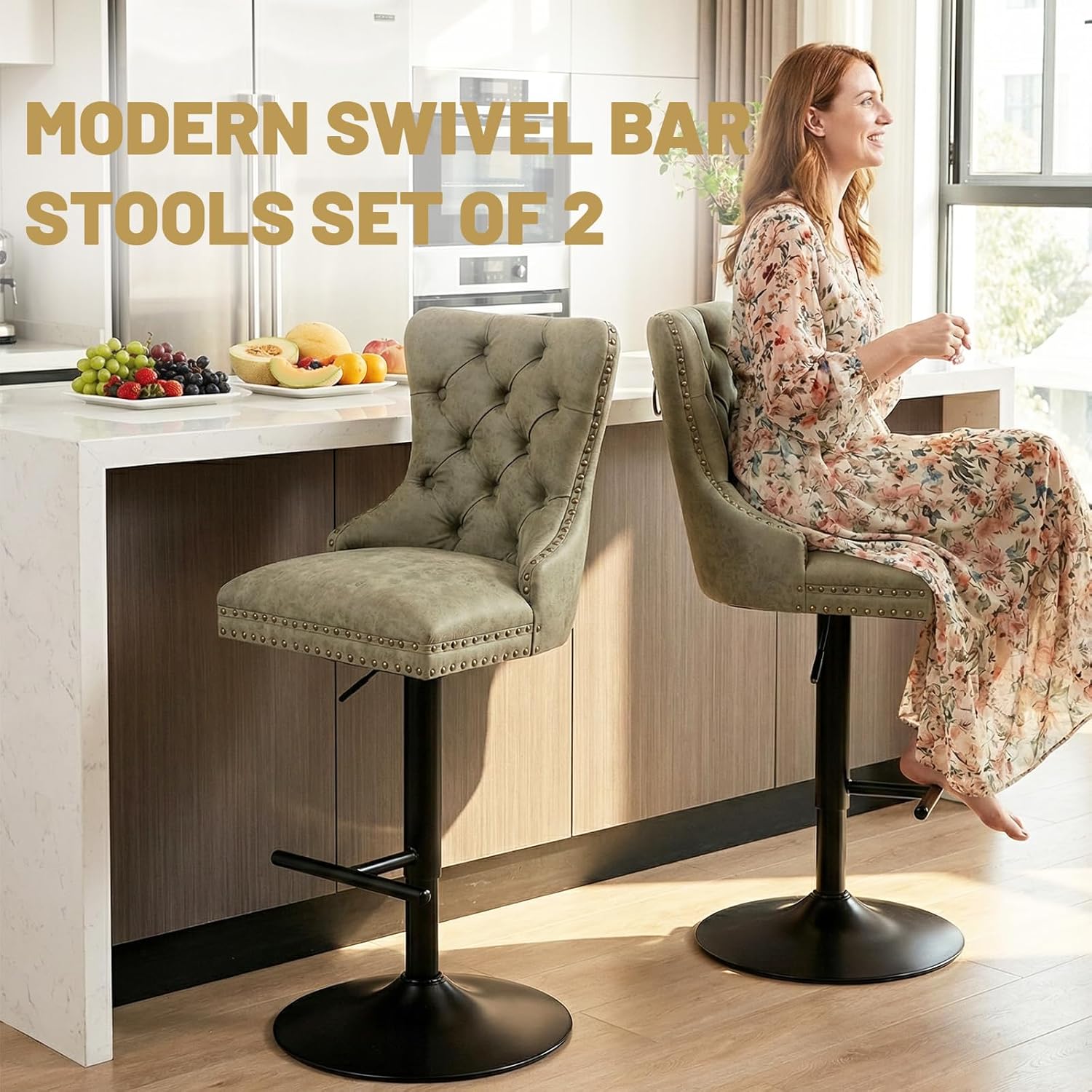 Swivel Bar Stools Set of 2, Adjustable Height Barstools with Tufted Back/Footrest, Modern Swivel Counter Height Bar Stools with Black Base, Bar Chairs for Dining Room Kitchen Island Pub, Olive Green