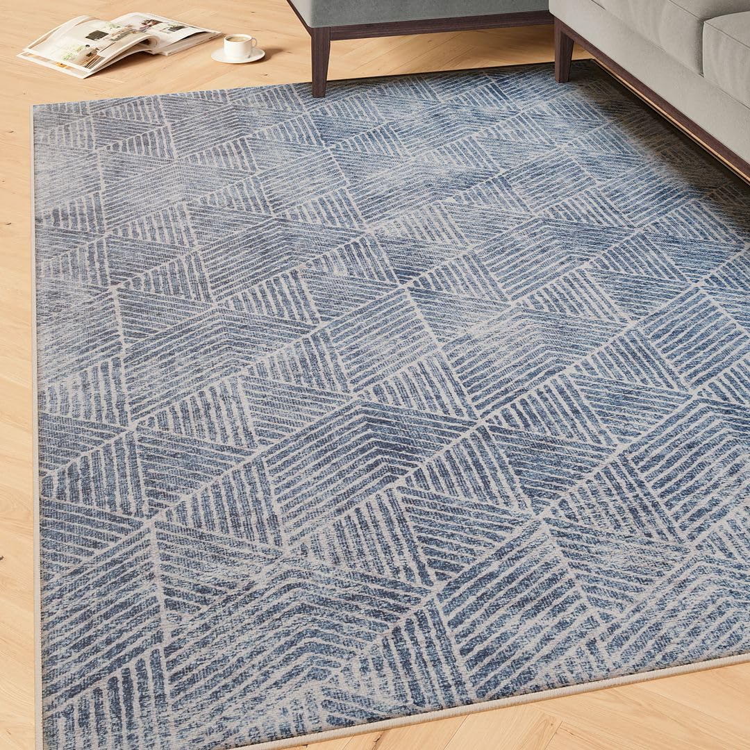 Machine Washable Blue Geometric Cotton Rugs Modern Stain Resistant Liquid Repellent Living Area Bedroom Rug 200cm x 290cm (6ft 7" x 9ft 6")