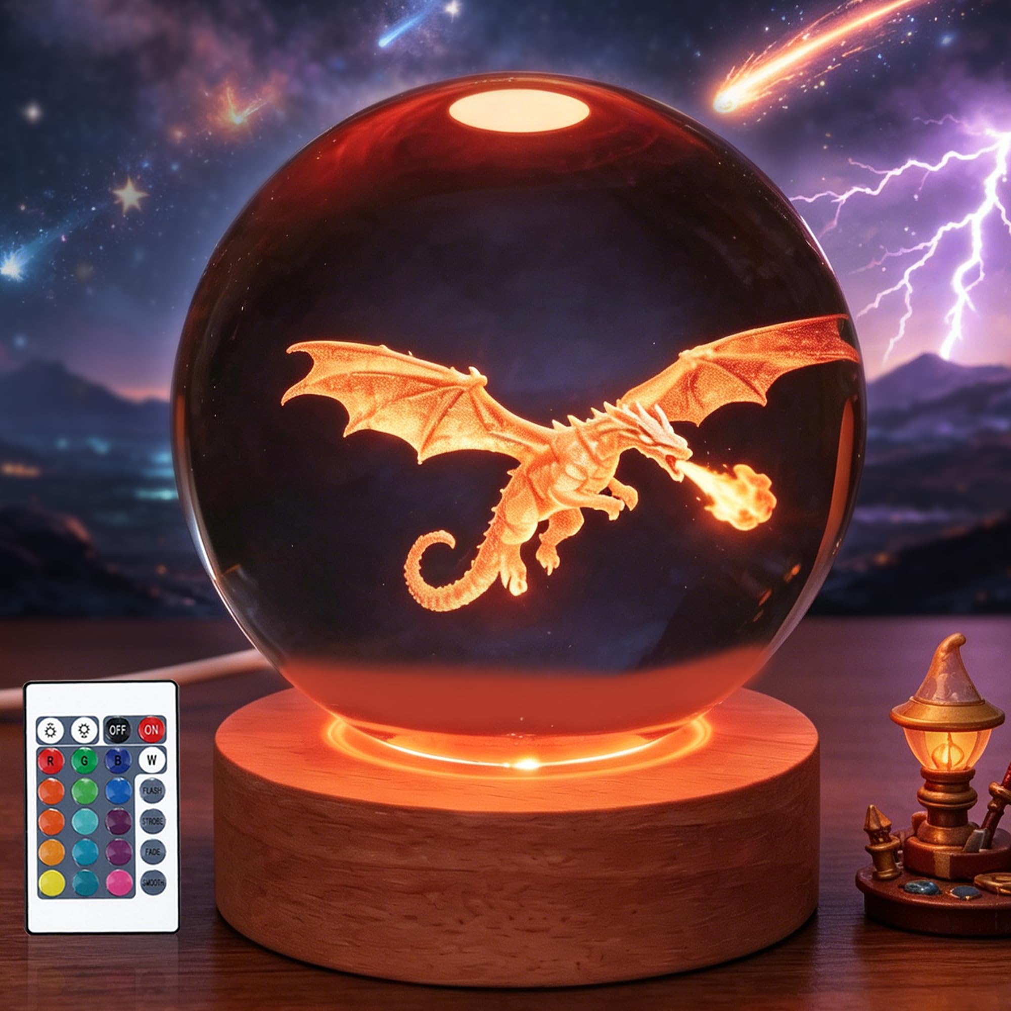OkiyiD Dragon Night Light, Dragon Gifts Crystal Ball 3.15 Inch (80mm) Lamp with 16 Colors, Dragons Toy for Kids Boys Birthday Xmas, 4-Legged Dragon Decor Accessories Room Decoration Ornaments