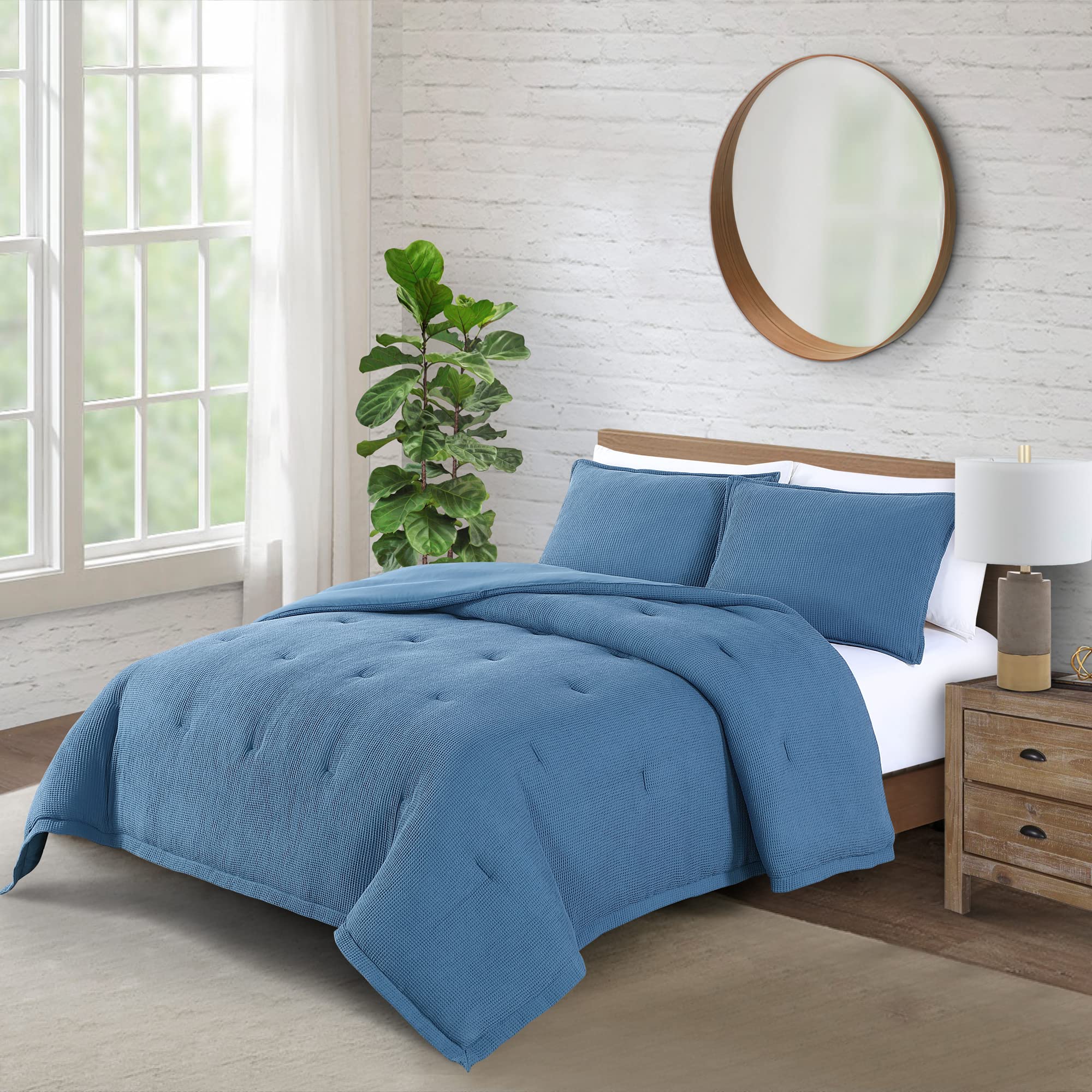 WellBeing by Sunham Waffle Weave Comforter Set, Cotton/Polyester Blend, Full/Queen, Chambray Blue, King