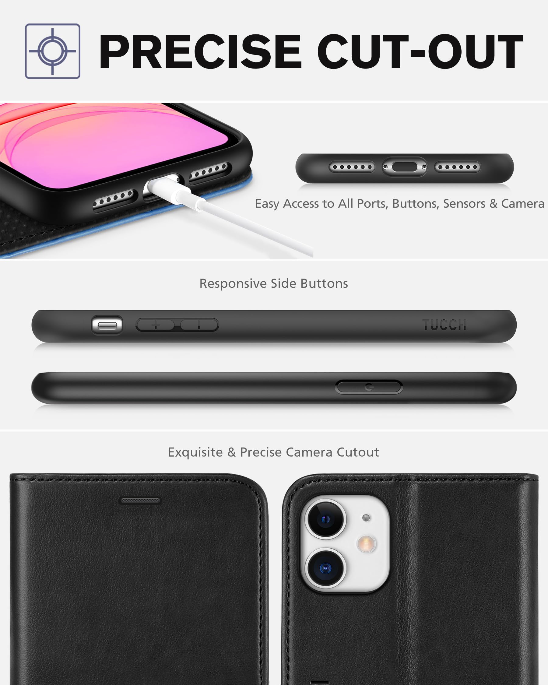 TUCCH Cover per iPhone 11, Custodia Folio [RFID Blocking] Portafoglio Pelle Sintetica TPU Antiurto, Supporto Slot per Schede Protezione Ottimale per iPhone 11 (6,1 pollici, 2019), Nero Azzurro