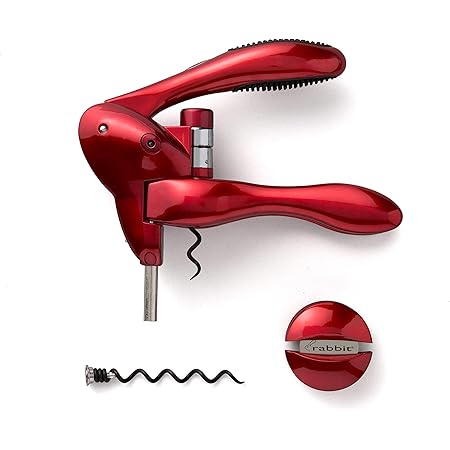 Rabbit Original Lever Corkscrew Wine Opener with Foil Cutter and Extra Spiral (Red)
