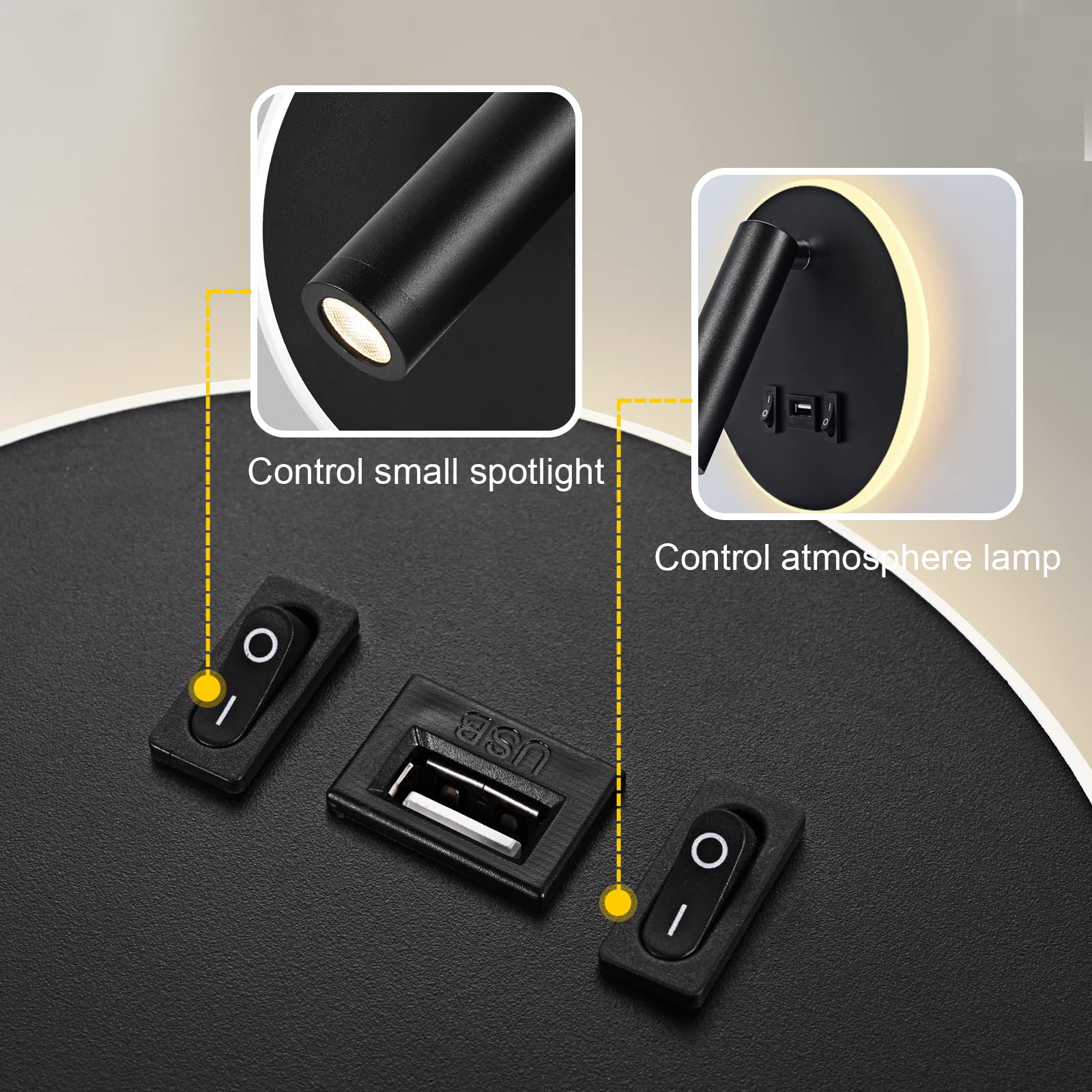 LED wandleuchte mit schalter, Innen Leseleuchte (3 W 3000K + 9 W 3000K), nachttischlampe am Bett wandmontage mit USB Ladeanschluss und Schalter, dimmbares Spot Schlafzimmer Stimmungslicht (2 Schwarz)