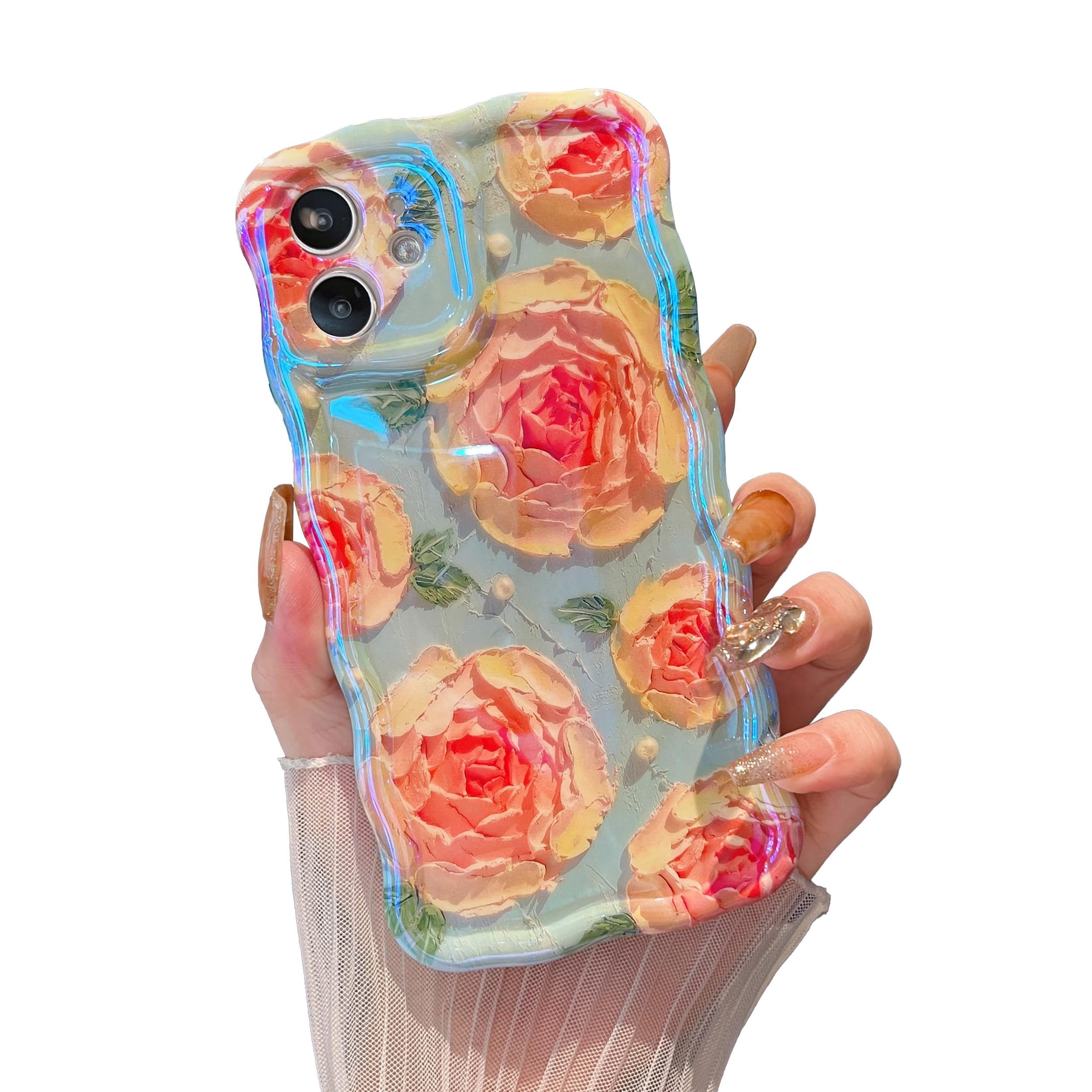 Coque iPhone 12 motif fleur lune laser pour fille et femme