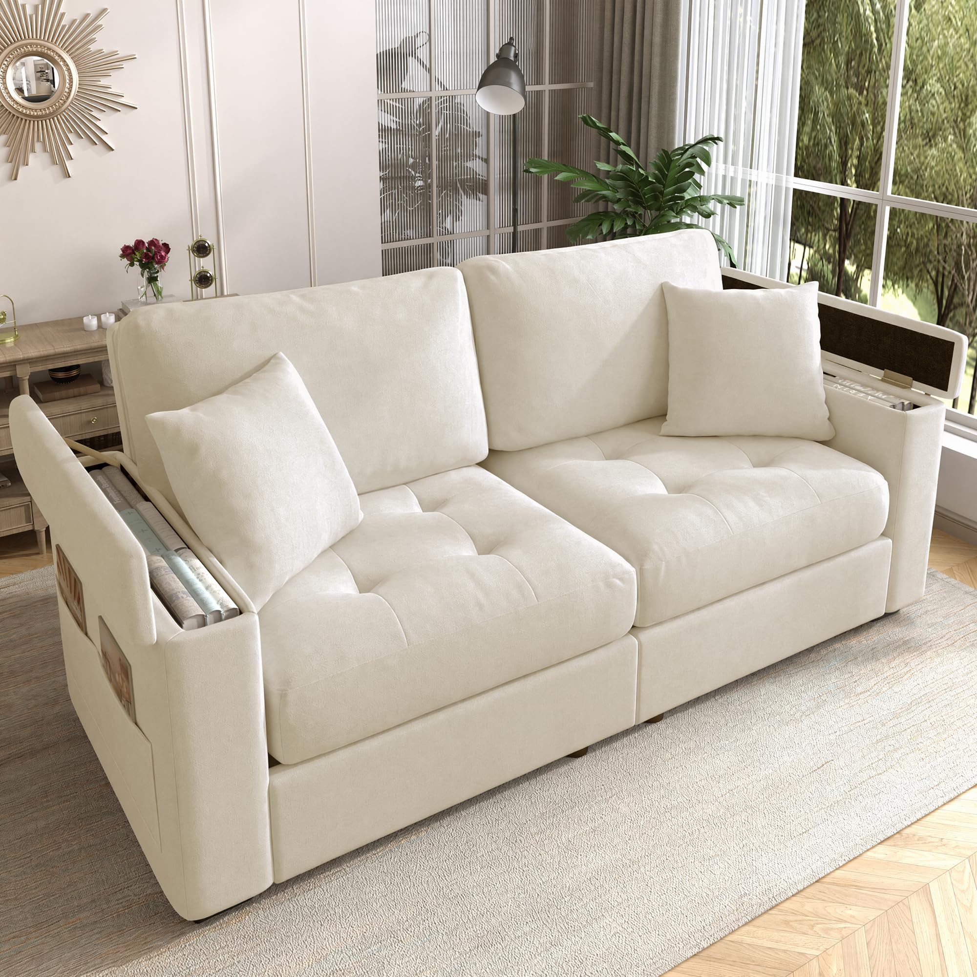 Modernes Zweisitzer-Sofa mit Stauraum in den Armlehnen, aus weichem Chenille-Stoff, inklusive 2 bequemen Kissen, mit hochdichter Schaumstoffpolsterung für höchsten Sitzkomfort (Beige)