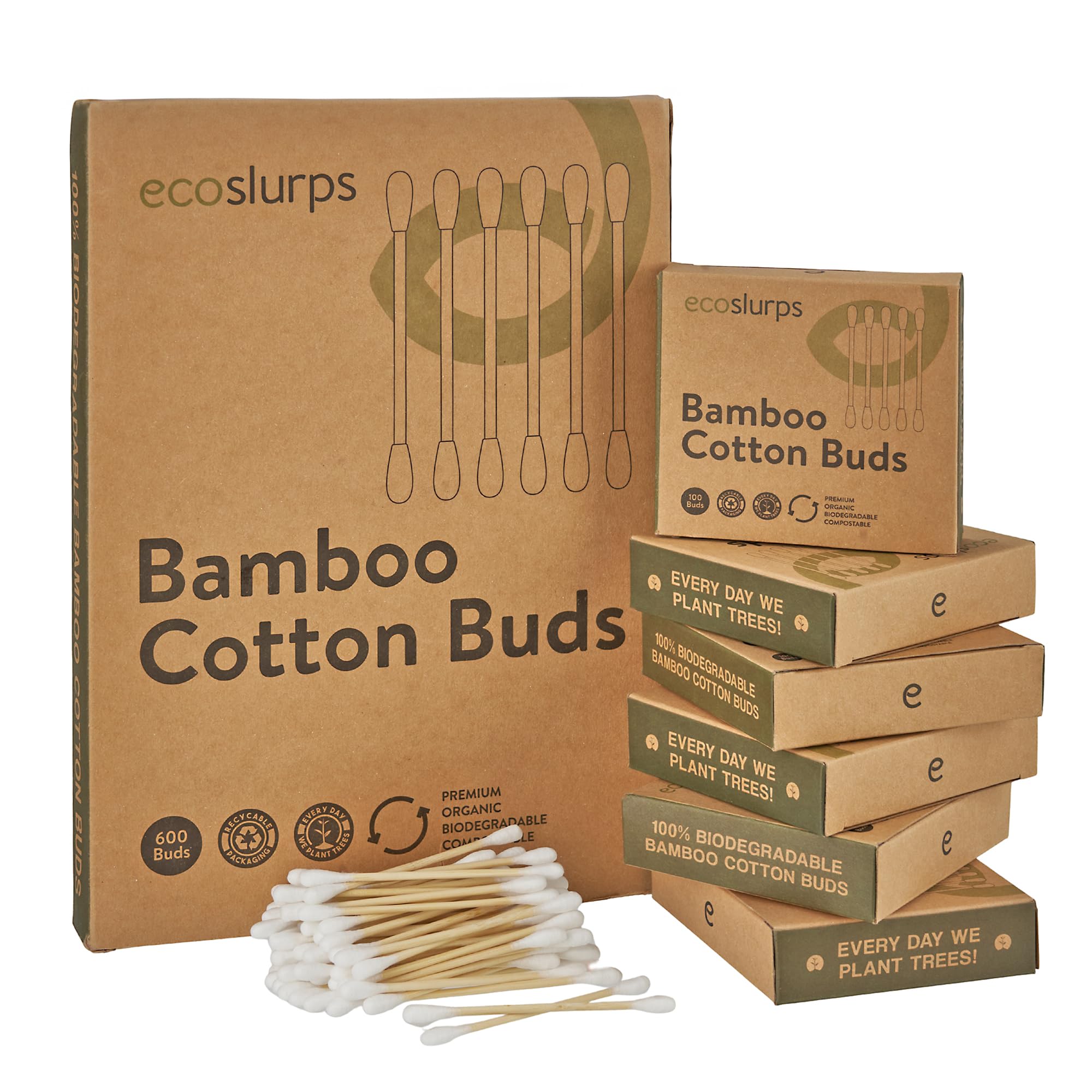 600 Bamboo Cotton Buds - British Brand That Plants Trees Every Day - Eco Friendly Cotton swabs, Bud and Qtips (6x100 Cotton Buds)