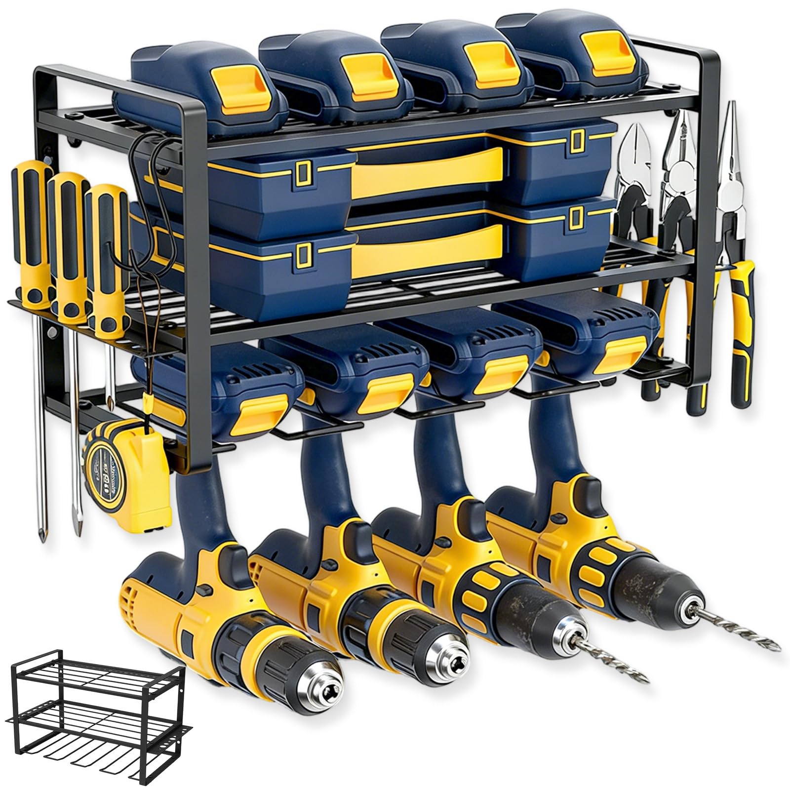 Portautensili Parete 40x 24 x 20 cm, Organizer Attrezzi 3 Scomparti, Porta Utensili Elettrici Resistente, Scaffale Metallo per Cacciavite Laterale, Supporto Trapano per Officina Garage (Nero)
