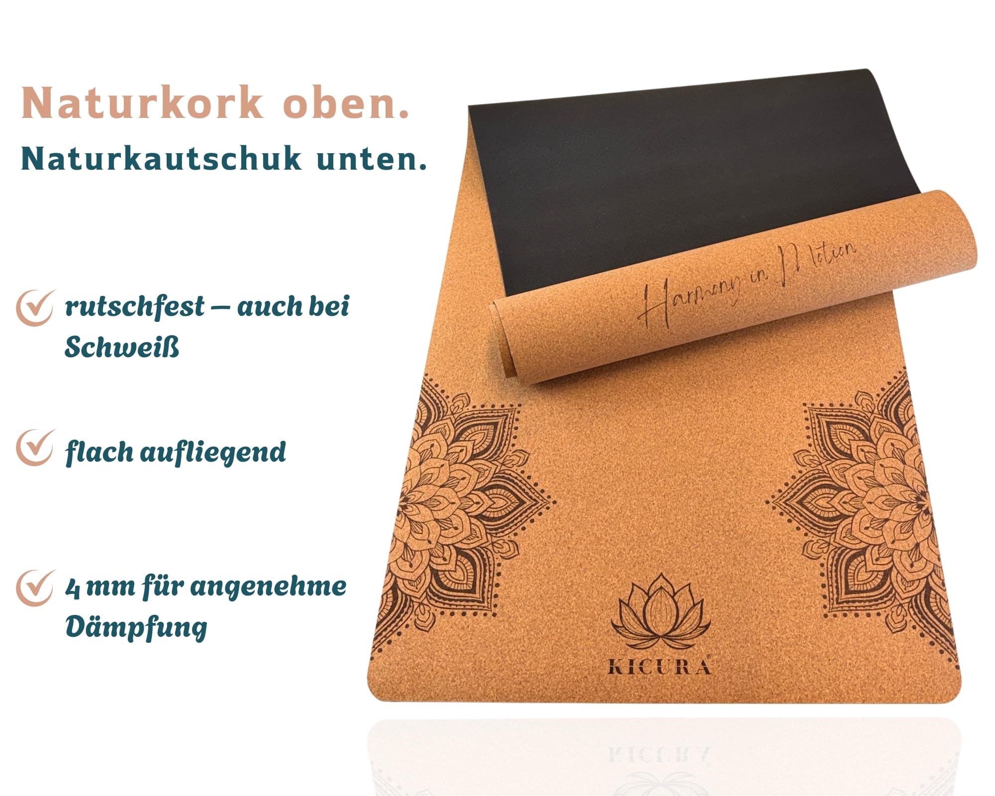 Yoga-Matte aus Kork & Naturkautschuk mit Elefanten-Mandala – rutschfeste Premium-Matte, 4 mm dick, mit Tragegurt, in 3 Größen