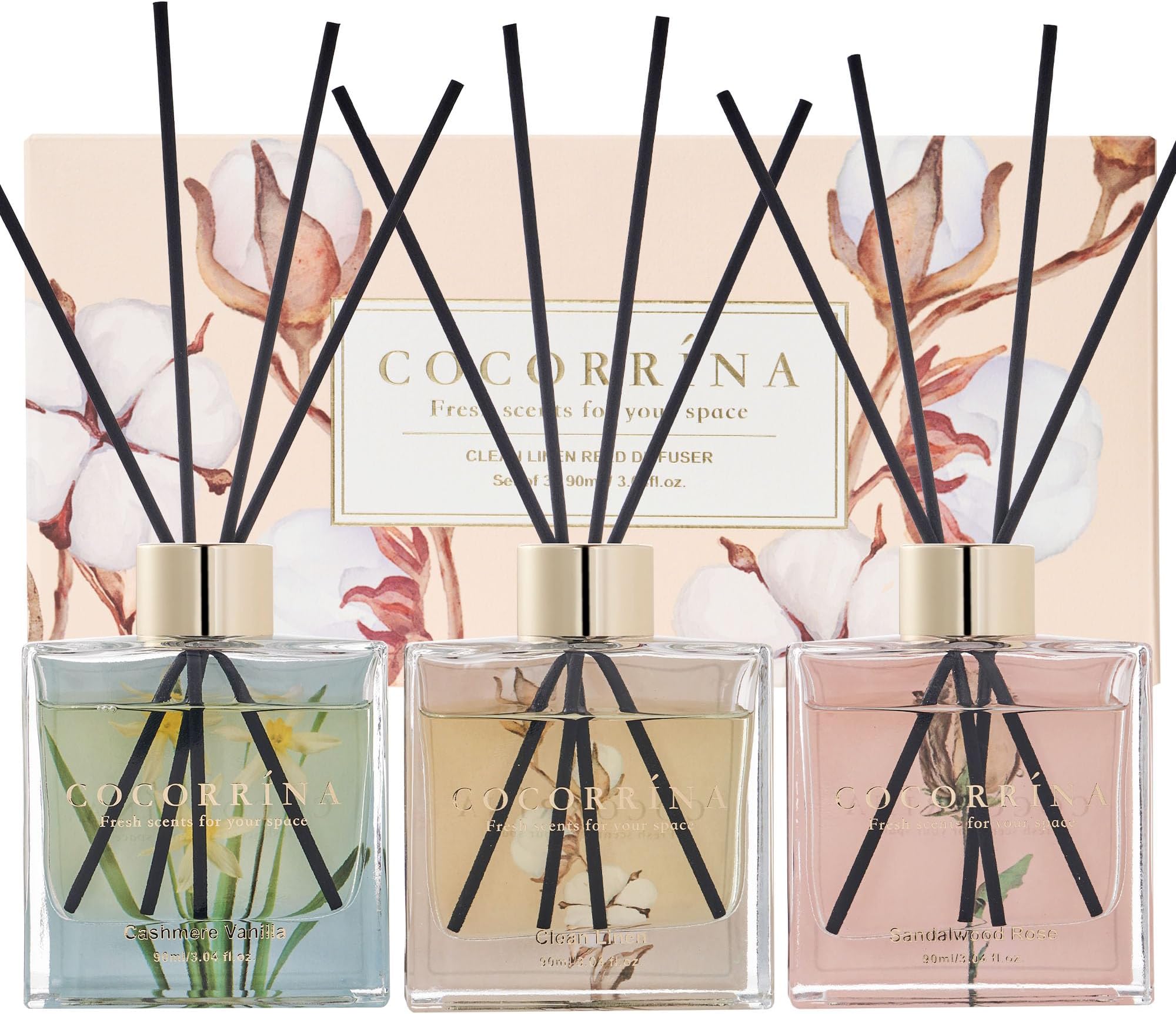COCORRÍNA Reed Diffuser - 3 Pack/ 90ml with 24 Sticks Reed Diffuser for for House Bedroom Office Decor & Gifts Set (Cashmere Vanilla/Sandalwood Rose/Clean Linen)