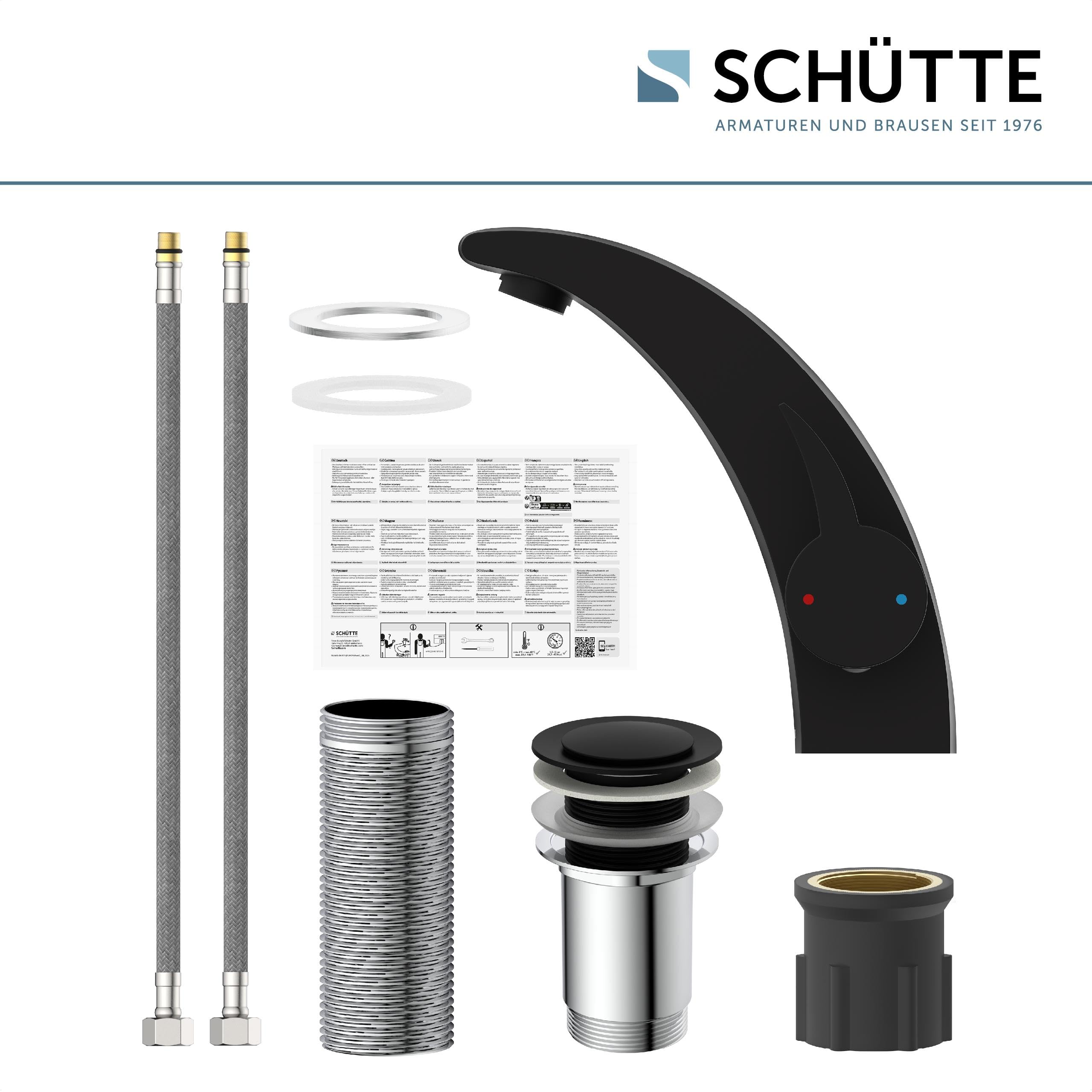 SCHÜTTE 98106 PANAMA Design Wasserhahn Bad, Moderne Waschtischarmatur fürs Badezimmer, Elegante Einhebel Mischbatterie Waschbecken mit Pop Up Abflussstopfen, Schwarz