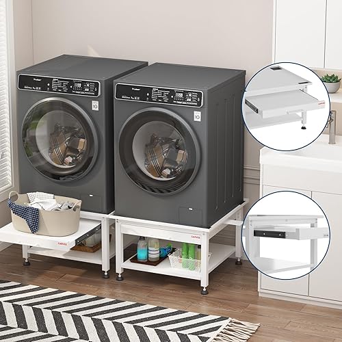 Miniatura 6 de Garvee Pedestales de lavadora y secadora de 24 pulgadas de ancho con estante extraíble, pedestal de lavandería de 21 pulgadas de alto con