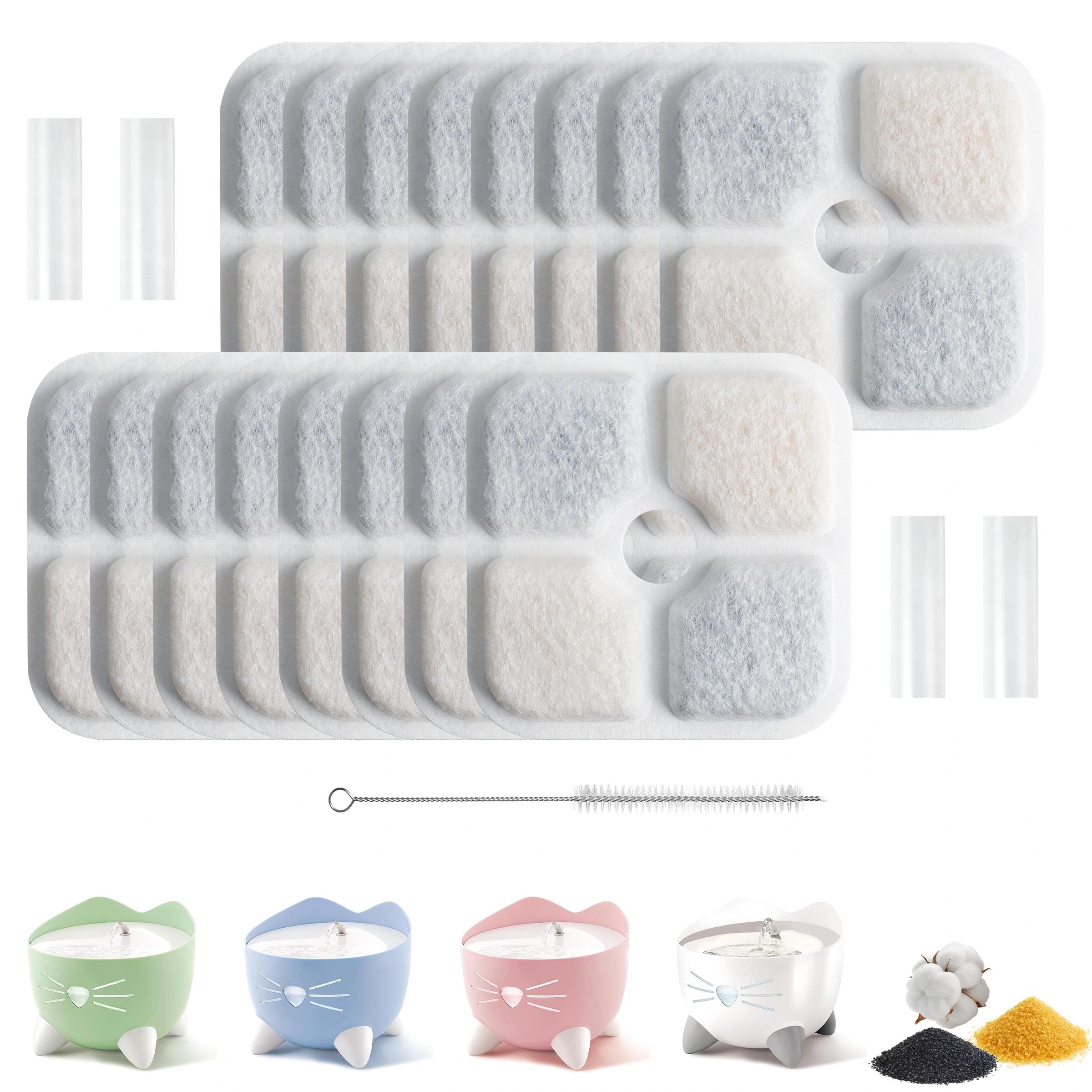16pcs Cat Water Fountain Filter Compatible with Catit PIXI, Replacement Filter with 4 Hose & 1 Cleaning Brush, Triple Filtration System with Activated Carbon and Resin